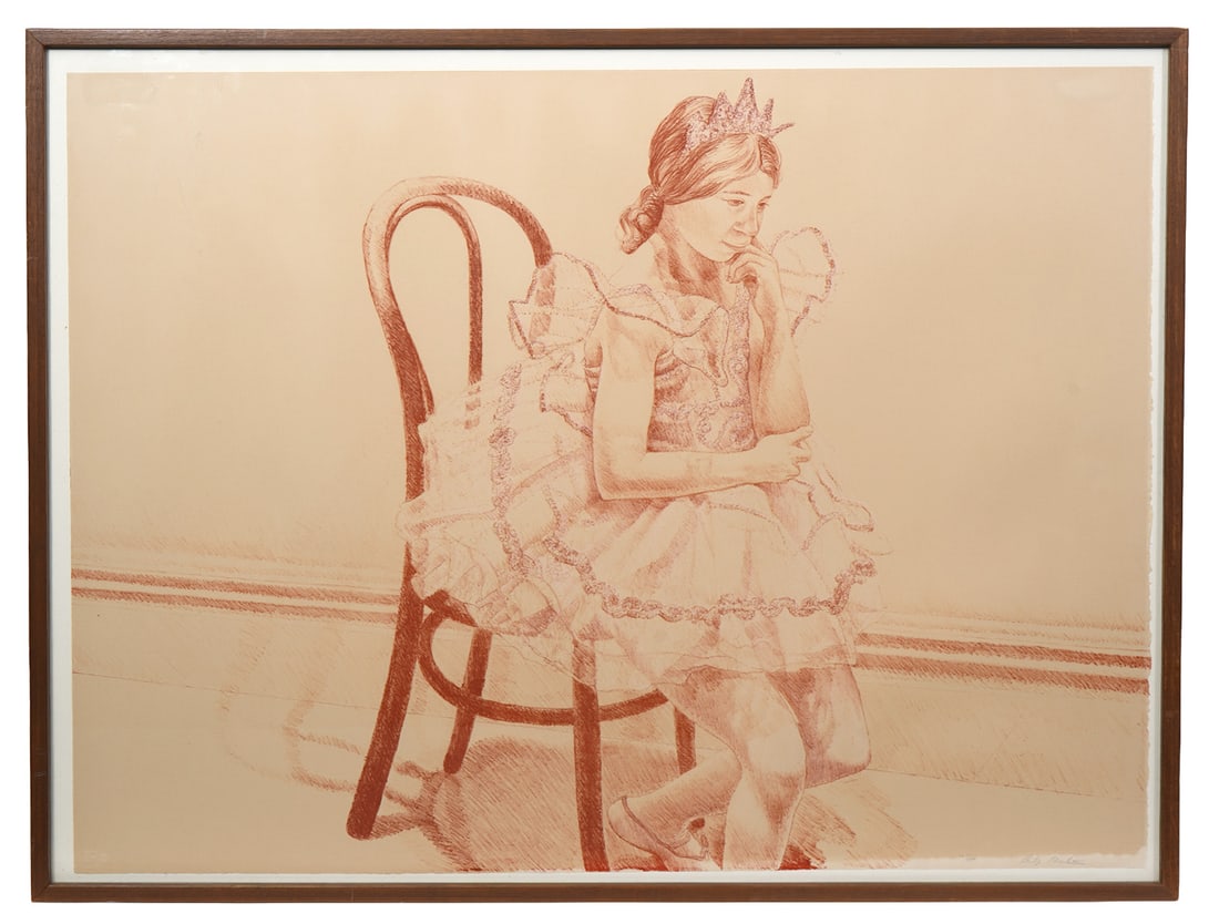 Philip Pearlstein 'Ellen in Tutu' Lithograph: Philip Pearlstein, American (1924-2022). 'Ellen in Tutu' lithograph is mounted in a wood frame. Label on verso from Donald Morris Gallery, Lithograph 12/75. Measures 28"H x 35"W framed; 25.25"H x 32.7
