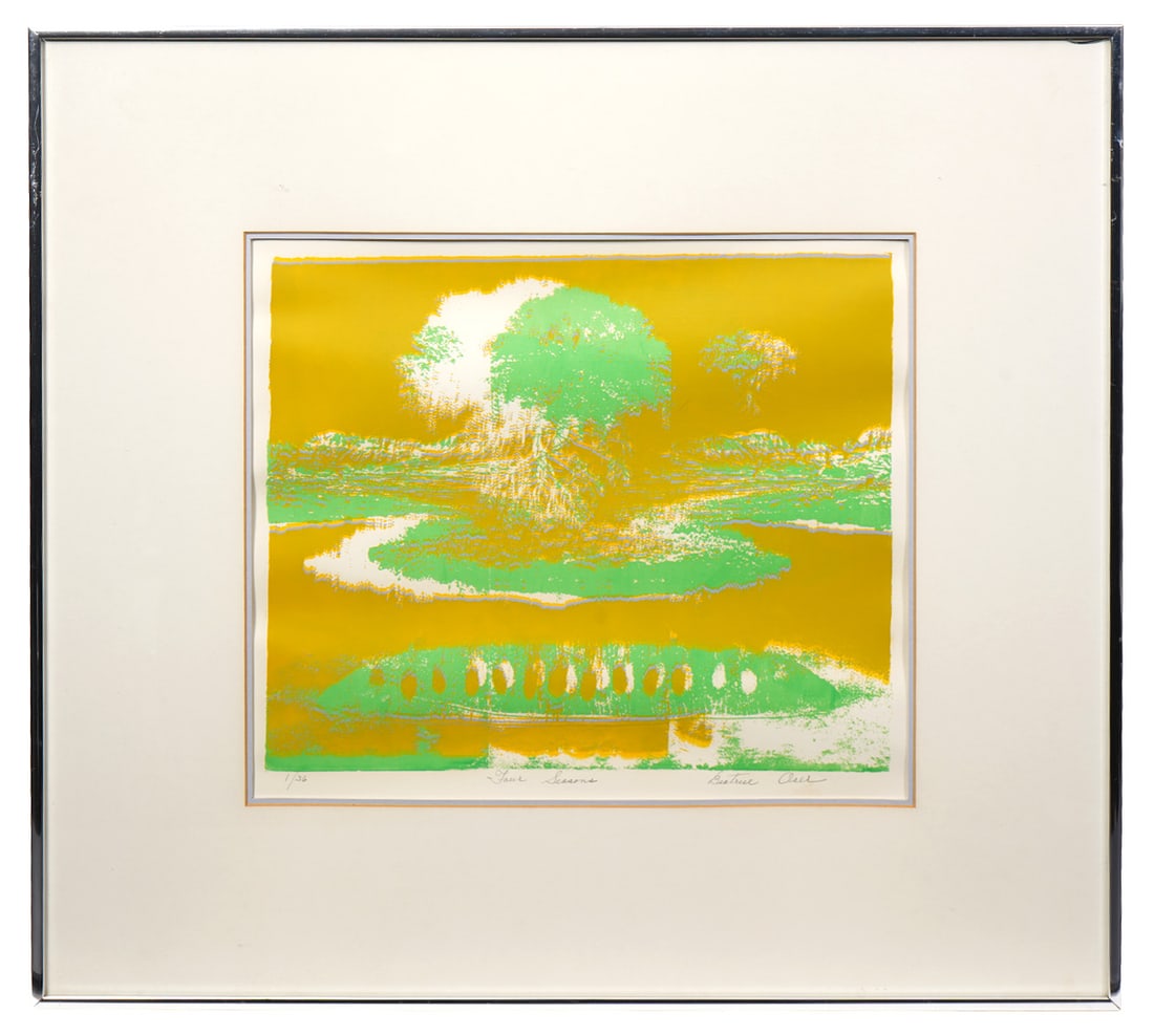 Four Seasons' Signed Lithograph: Lithograph titled 'Four Seasons' and numbered 1/36, illegibly signed on bottom and mounted in a thin chrome frame. Measures 26.75"H x 24.75"W framed; 15.5"H x 14"W visual. Condition report: good condi