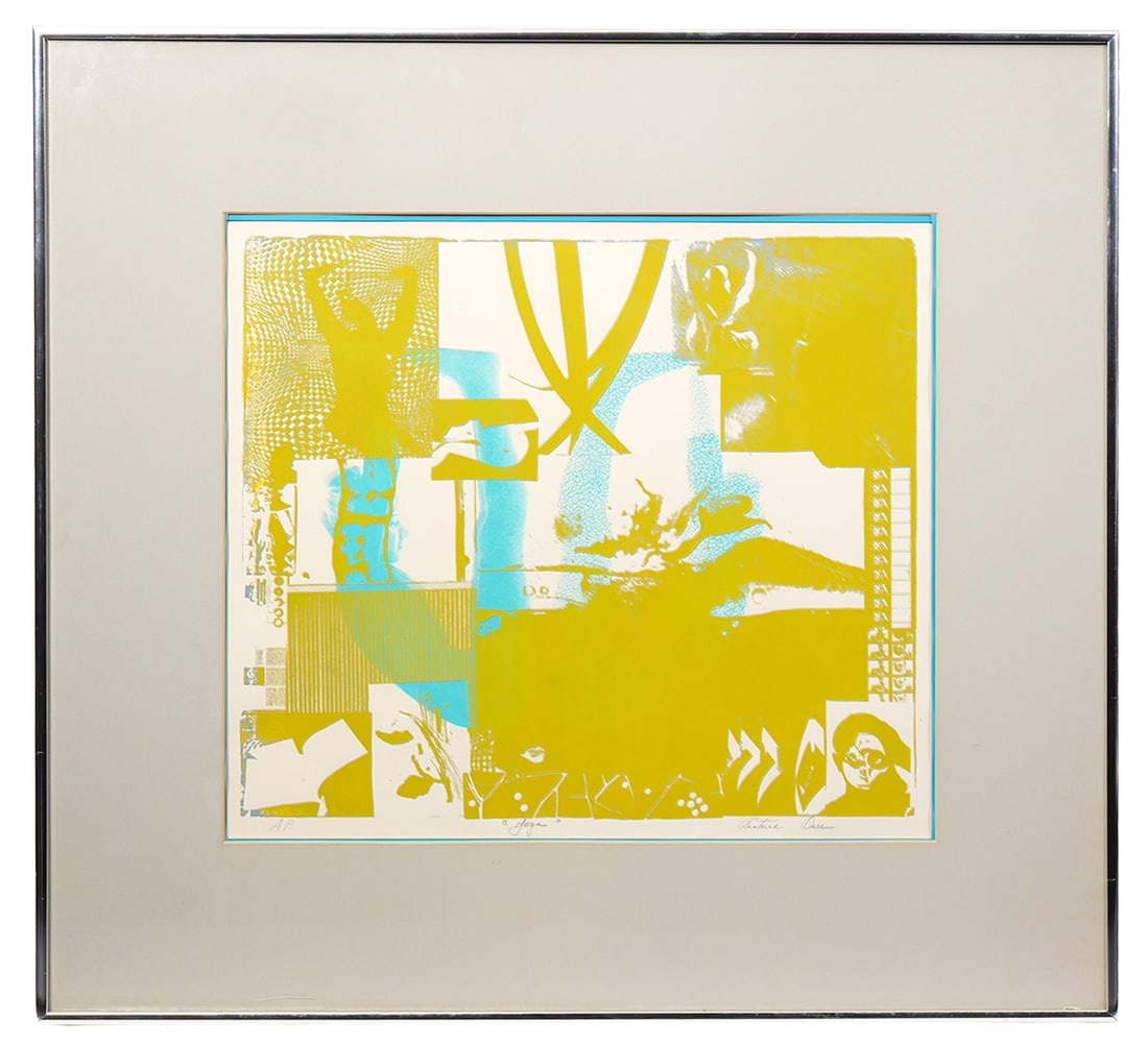 Yoga' Lithograph in Chrome Frame: Lithograph titled ' Yoga' and marked AP, illegibly signed on bottom and mounted in a thin chrome frame. Measures 28"H x 30.25"W framed; 17.5"H x 19.5"W visual. Condition report: good condition, please