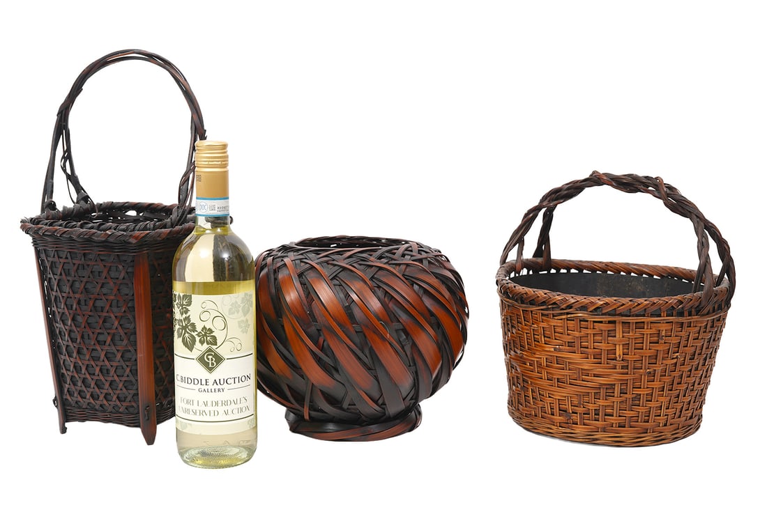 Japanese Artisanal Hand-Woven Bamboo Baskets: Japanese artisanal hand-woven bamboo baskets includes a Circular with twist handle and layered construction, metal insert; measures 10.5"H x 9.5"W; Round smoked bamboo splint (susutake) flower basket 