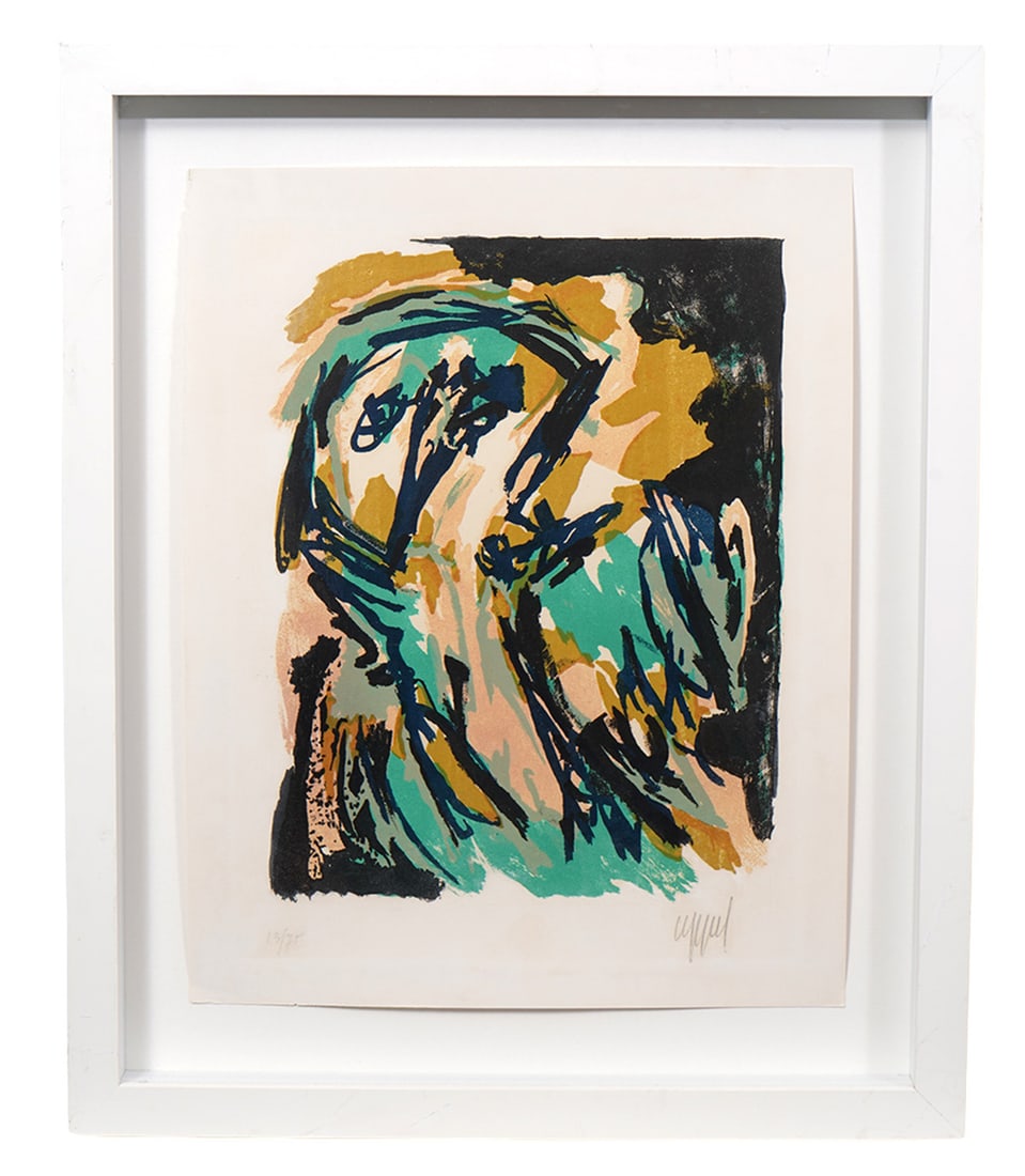 Karel Appel 'Small Personage' Lithograph: Karel Appel, Netherlands (1921-2006). Limited edition color lithograph signed lower right and numbered lower left, 13/75. Mounted in a white wood frame. Measures 21"H x 17.25"W framed; 16"H x 12.5"W v