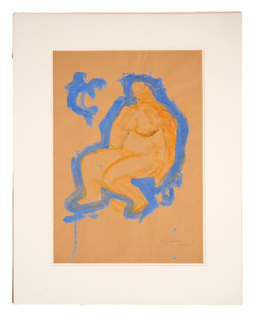 Earl Cavis Kerkam Watercolor Painting: Earl Cavis Kerkam, American (1891-1965). Nude watercolor and crayon on paper. Signed bottom right with a gallery label on verso 'Donald Morris Gallery'. Painting is unframed and measures 17" H x 11"W.