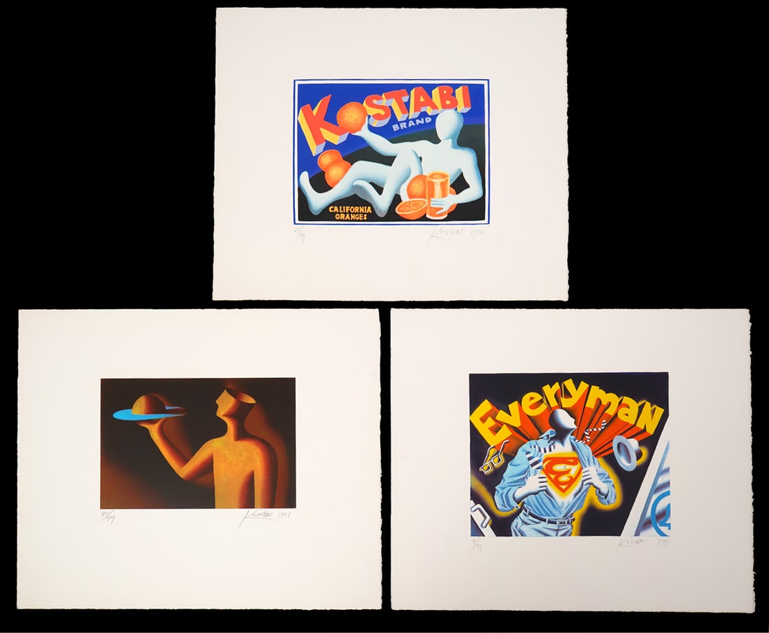 3 Mark Kostabi Silkscreen Prints: Mark Kostabi, American (Born 1960). 3 different silkscreen prints on paper, each hand signed and numbered. All three unframed and roughly 14" x 16". Condition report: minor signs of handling. Contact 