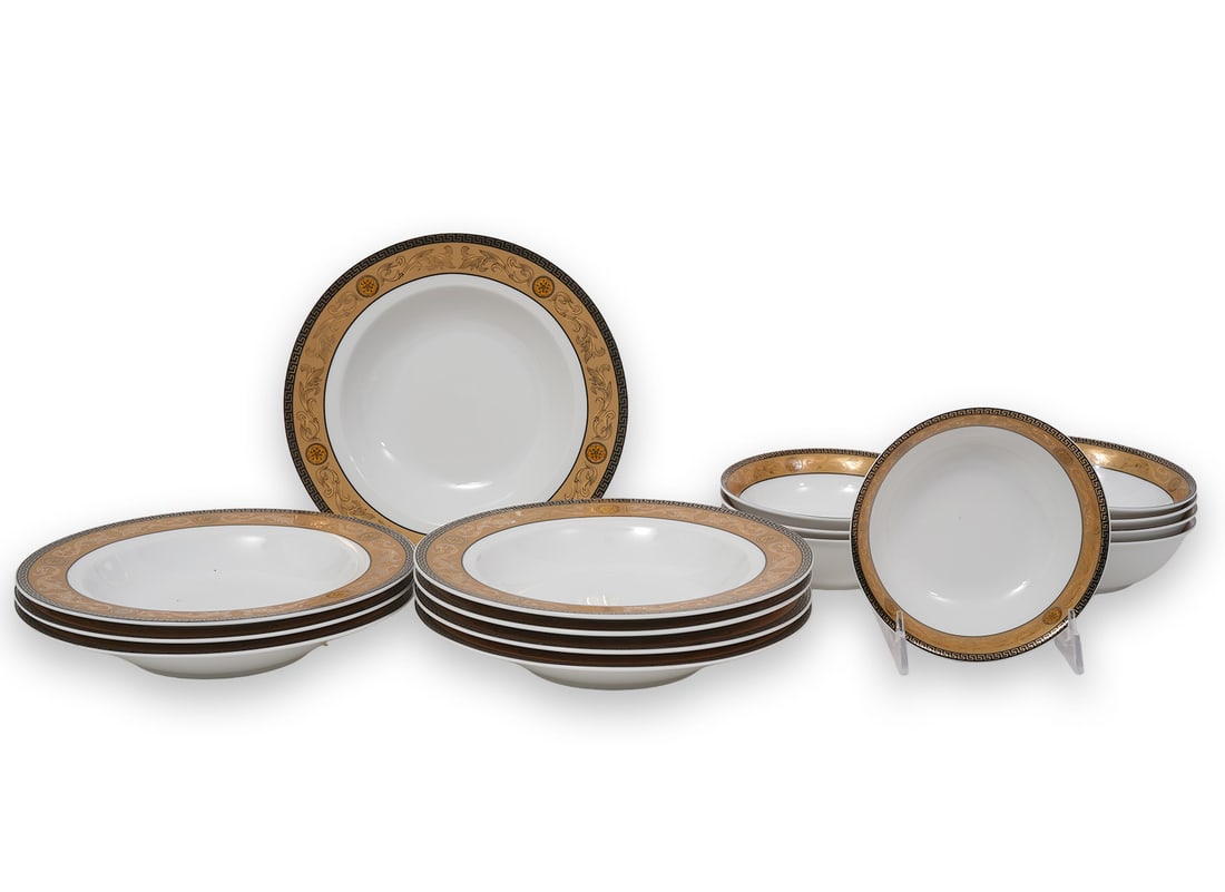 Versace Style Medusa Gold & White China Bowls: Versace Style Medusa Gold & White China includes 8 dessert bowls (1.75"H x 5.5"W); 8 soup bowls (3/8"H x 8.5"W). Condition report: good condition, no issues, please see all photos. All pieces are mark