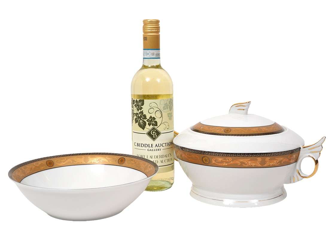 Versace Style Medusa Gold China: Versace Style Medusa Gold China lidded casserole measures 5.25"H x 11.5"W and1 serving bowl 2.5"H x 9"W. Both are marked on underside with gold Medusa head. Condition report: good condition, please se