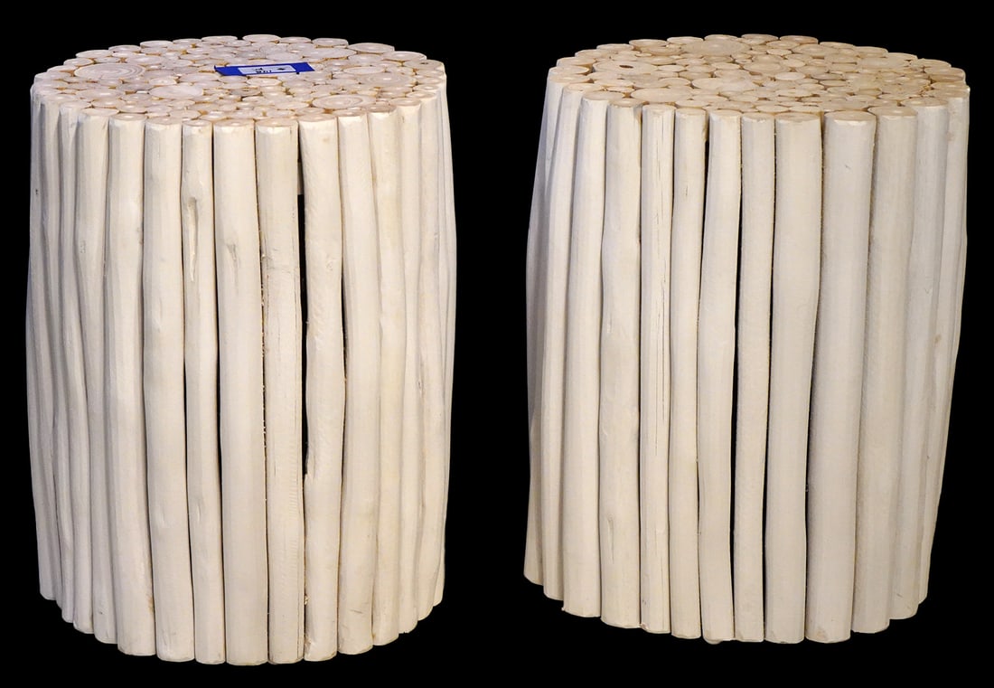 Pr. White Teak Branch Bundle Tables: Pair of white teak branch bundle tables with natural tops measure 15"Diameter x 20"H. Condition report: good condition no issues, olease see all photos. Contact C. Biddle Auction Gallery for more deta