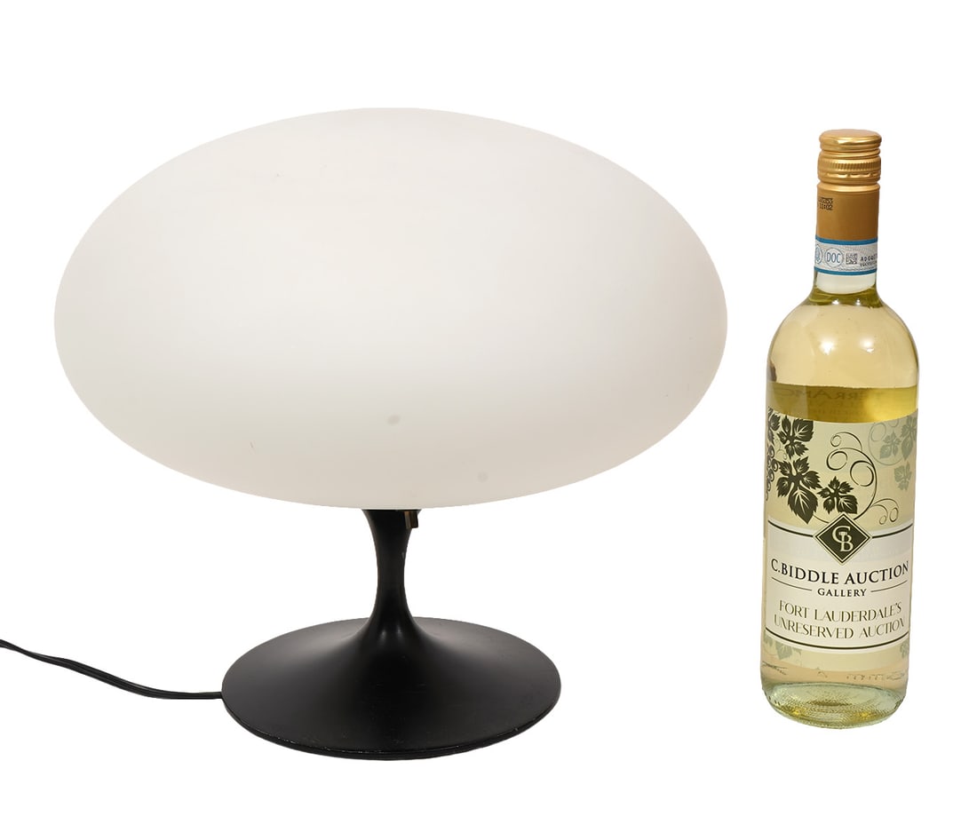 Laurel Mushroom Table Lamp: Laurel Mushroom Table Lamp has a frosted white milk glass 'mushroom' shade and black tulip base with single socket. Measures 11"H x 12"W total. Base measures 6"H x 7"W bottom. Condition report: good c