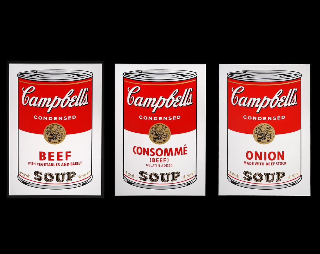 3 Sunday B. Morning After Andy Warhol Soup Cans: 3 silkscreen serigraph prints by Sunday B. Morning printed in the style of Andy Warhol Soup cans. Each stamped on verso. Measures 35" H x 23" W. Condition report: good with creases from minor handling