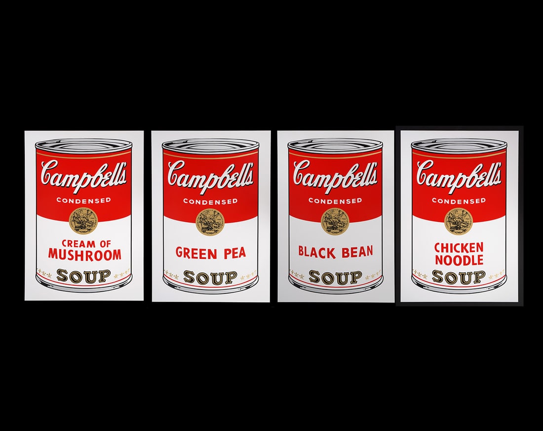 4 Sunday B. Morning Prints After Andy Warhol: 4 silkscreen serigraph prints by Sunday B. Morning printed in the style of Andy Warhol Soup cans. Each stamped on verso. Measures 35" H x 23" W. Condition report: good with creases from minor handling