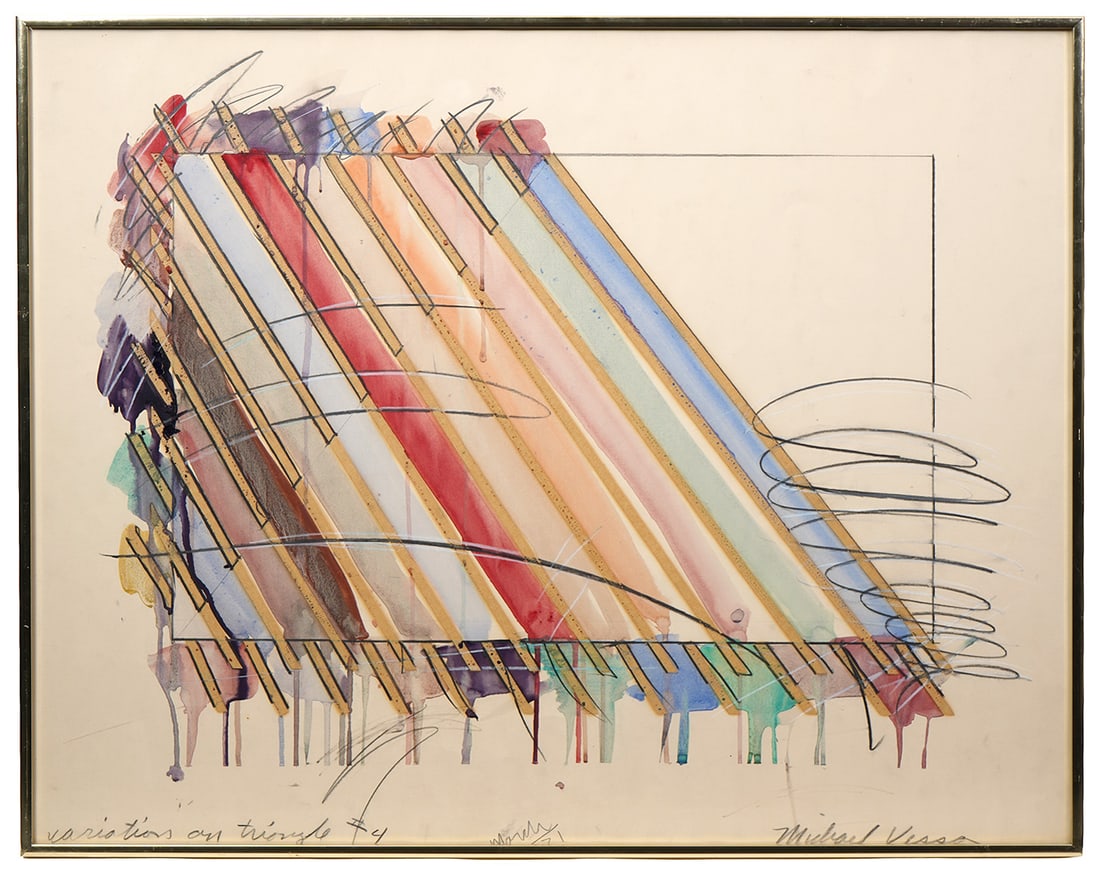 Michael Vessa 'Variations on a Triangle #4': Michael Vessa, American (Born 1948). Mixed media abstract watercolor is titled bottom left, illegibly numbered bottom center and signed bottom right. Label on verso 'Cleveland Museum of Art'. Mounted 