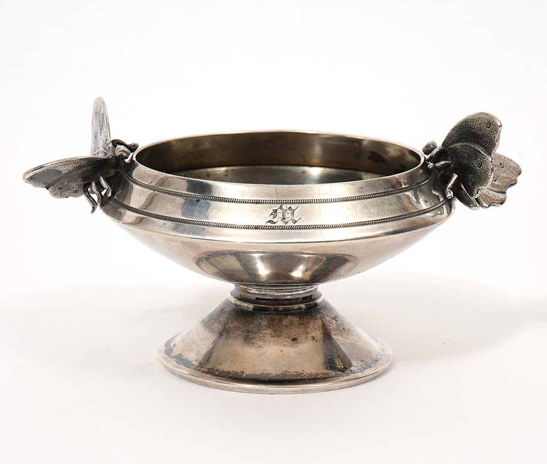 Gorham Sterling Silver Butterflies Salt Cellar: Gorham sterling silver salt cellar with applied butterflies is monogrammed and has English hallmarks underside. Measures - 2" x 4"W, Weight - 75g. Condition report: Good condition, please examine all 