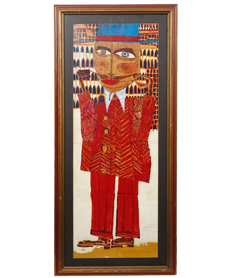 Hundertwasser Print on Mustachioed Man: Hundertwasser print on mustachioed man in a red suit. Measures 38"H x 17"W framed and visual image 33"H x 12"W. Condition report: Good condition, please examine all photos closely. Contact C. Biddle A