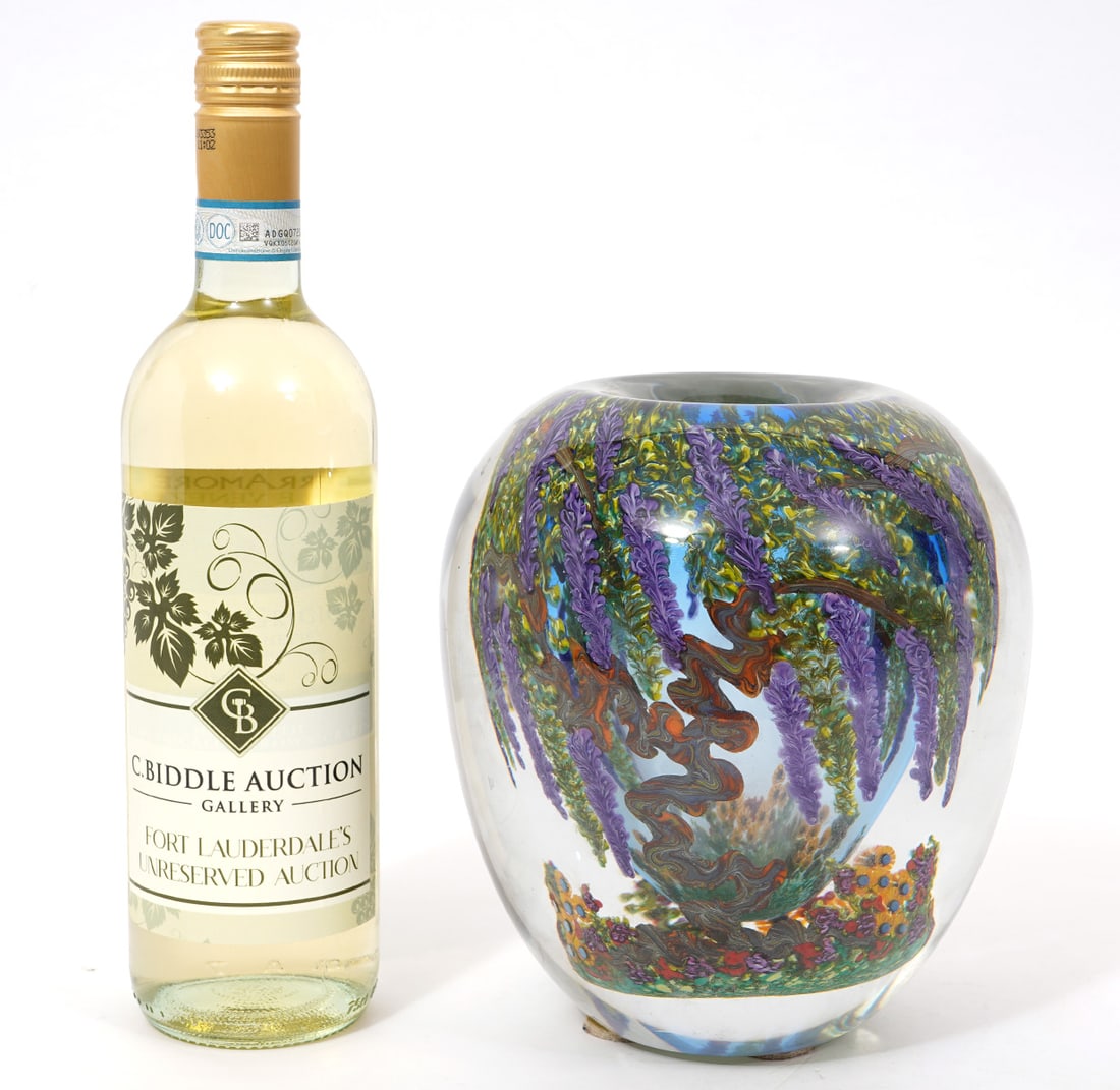 Chris Heilman "Wisteria Garden" Art Glass Vase: Chris Heilman (American, b.1950) "Wisteria Garden" heavy studio art glass vase with interior garden-scape theme. Signed, titled and dated "2000". Measures 7.5"H x 6.75"W. Condition report: Good condit