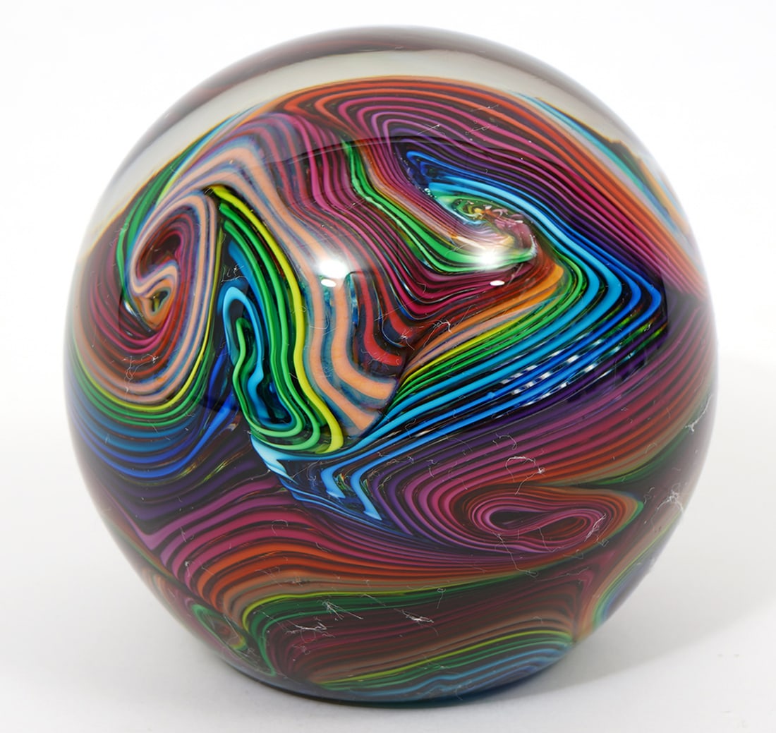 James Nowak Studio Rainbow Art Glass Paperweight: James Nowak (American, b. 1956) studio rainbow art glass paperweight, signed underside. Measures - 3.5"H x 3.5"W. Condition report: Good condition, please examine all photos closely. Contact C. Biddle