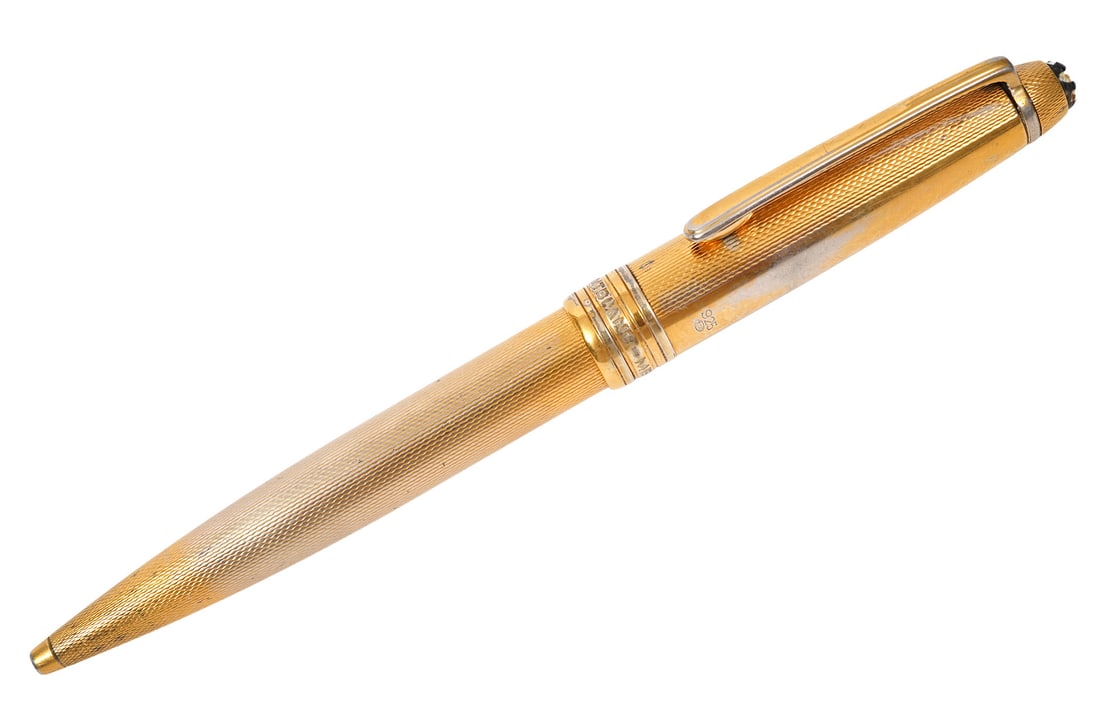 Montblanc Sterling Silver Ballpoint: Montblanc Meisterstuck solitaire vermeil sterling silver barley ballpoint pen. Measures 5.25"L. Marked "925". Weight - 32.7g. Condition report: Common wear and some gilt losses from use, please examin