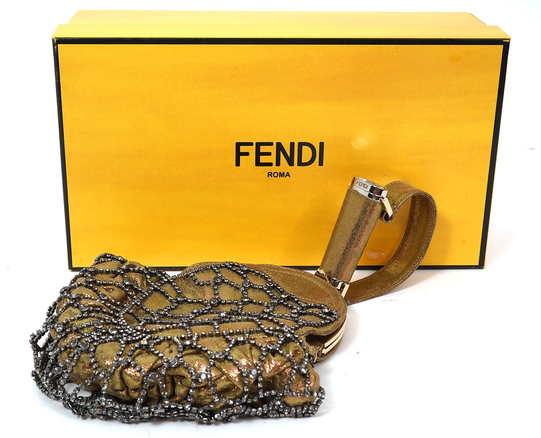 Fendi Italian Rhinestone Jeweled Evening Bag: Fendi Italian rhinestone jeweled evening bag, features iridescent olive green pattern with applied dark grey rhinestones. Measures 15"H x 9"W. Condition report: Good condition, please examine all phot