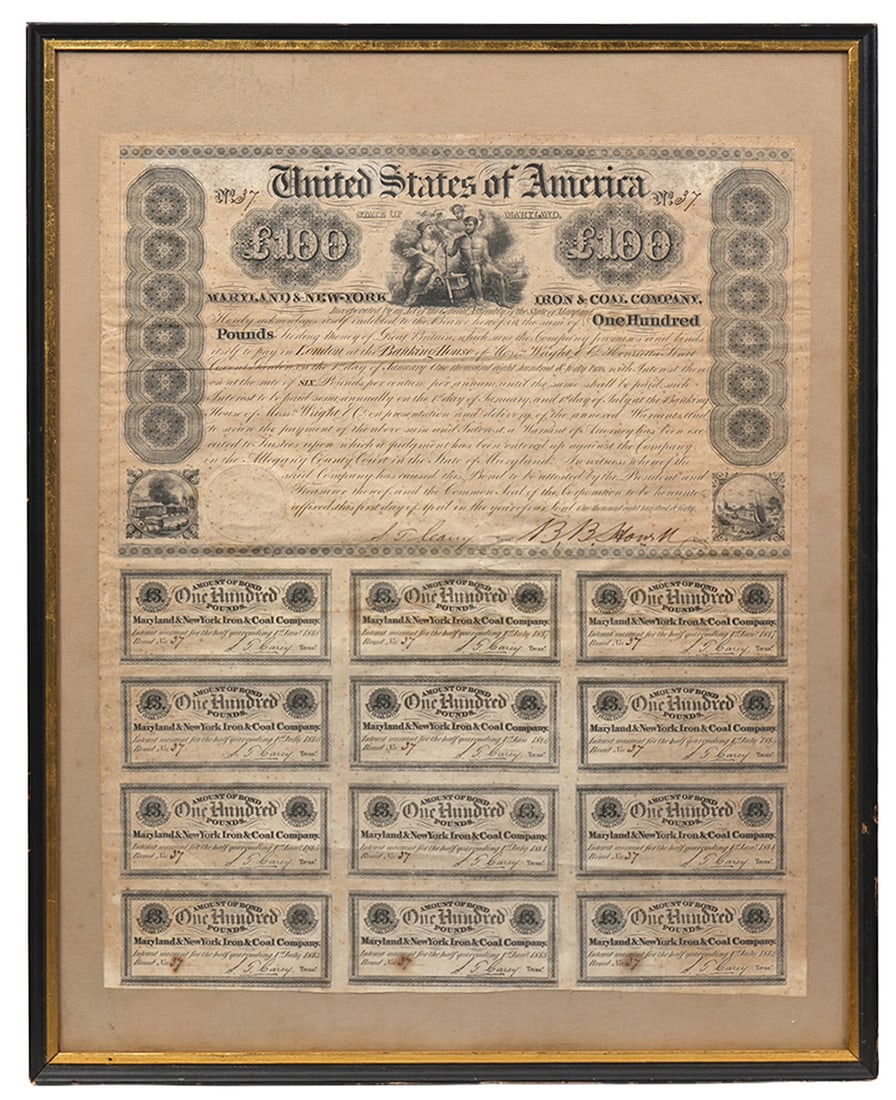 Maryland & New York Iron & Coal Co. 1840 Bond: Maryland & New York Iron & Coal Co., 1840 Coupon Bond is framed behind plexiglass. Allegorical Mercury imagery on top center. Measures: Document- 15"H x 12"W, Frame-18"H x 14"W. Condition report: Good