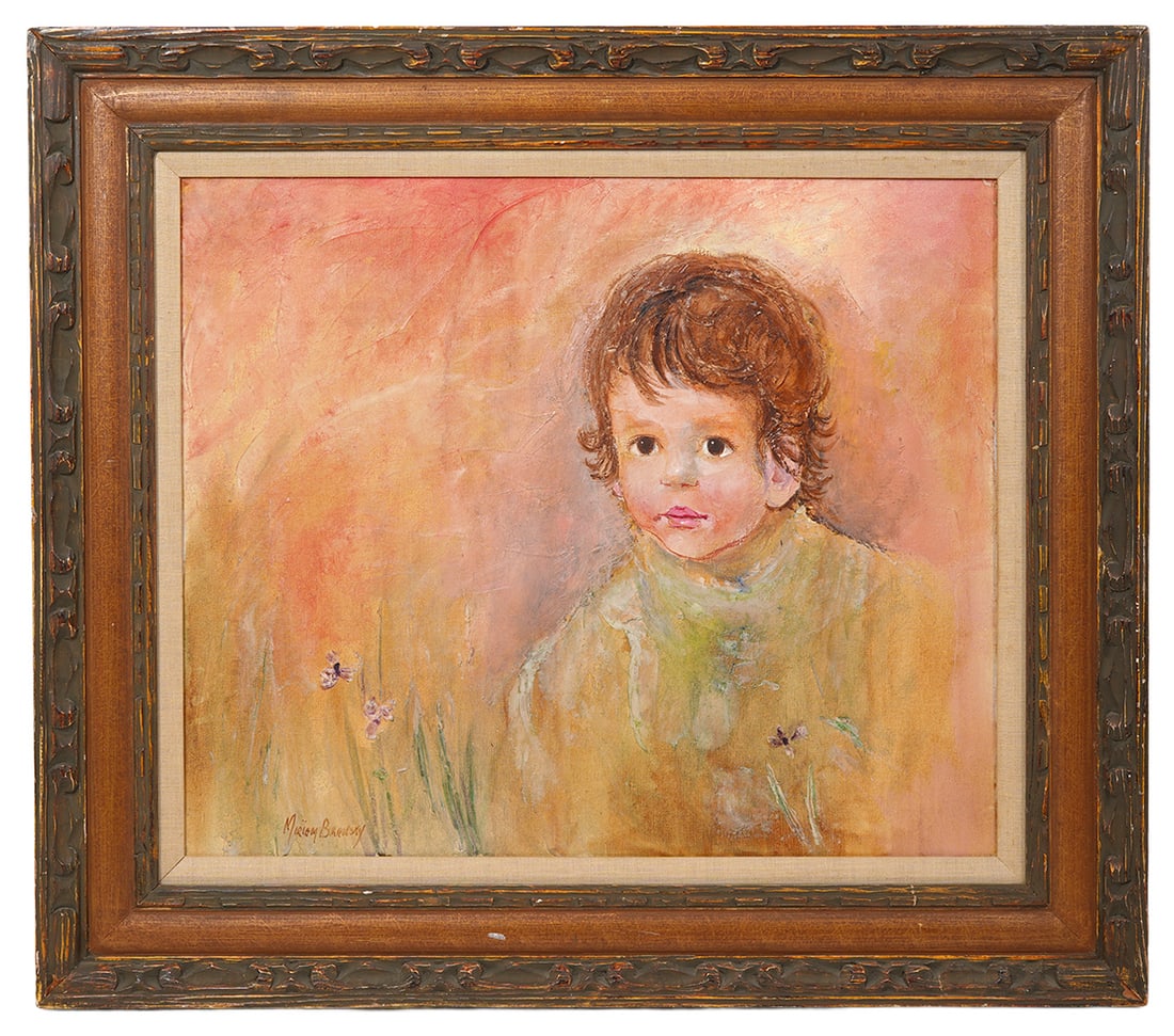 Miriam Bransky Portrait of Child O/C Painting: Miriam Bransky (American, 1957-2013) Portrait of child oil on canvas painting, signed lower left. Measurements: Canvas 20"H x 24"W, Frame 28"H x 32"W. Condition report: Good condition, please examine 