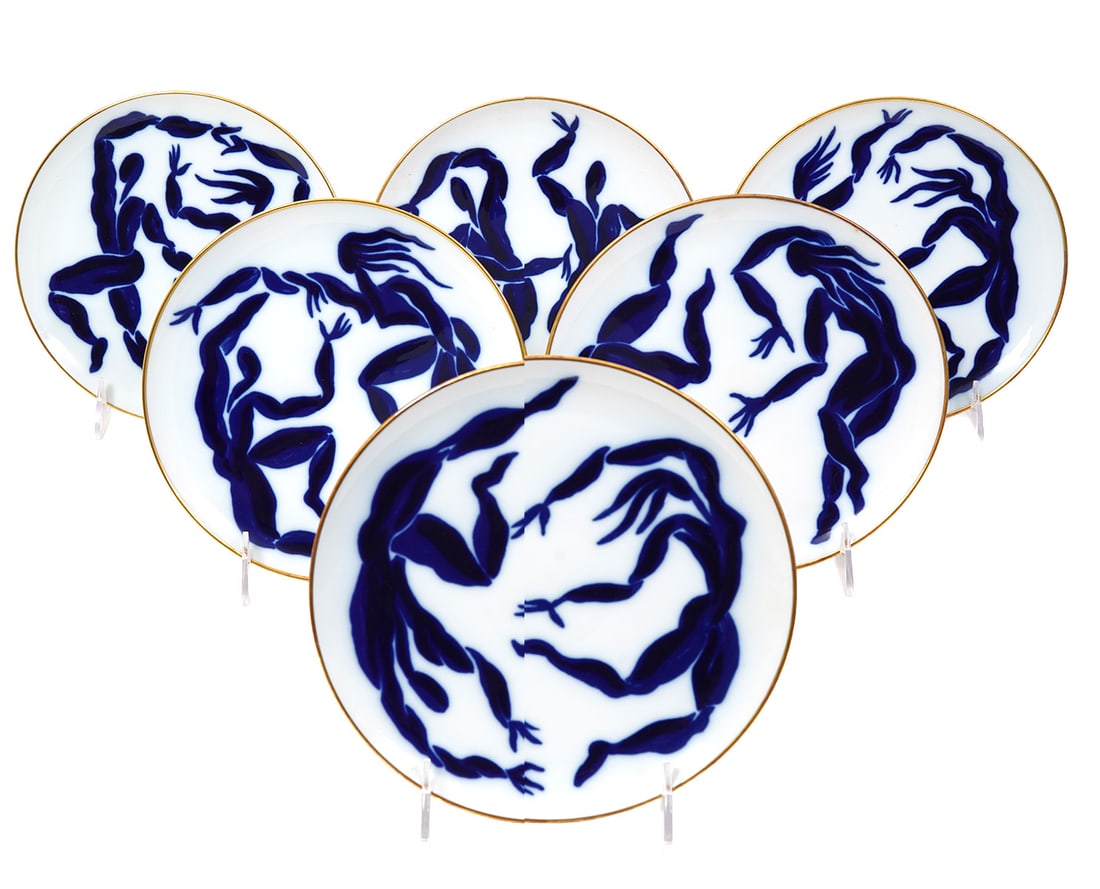 6 Bernardaud Herve van der Straeten Limoges Plates: 6 Bernardaud Herve van der Straeten limoges salad or dessert plates, inspired by the style of Matisse. Each hallmarked and titled on back and each measures 7.5"W. Condition report: Good condition, ple