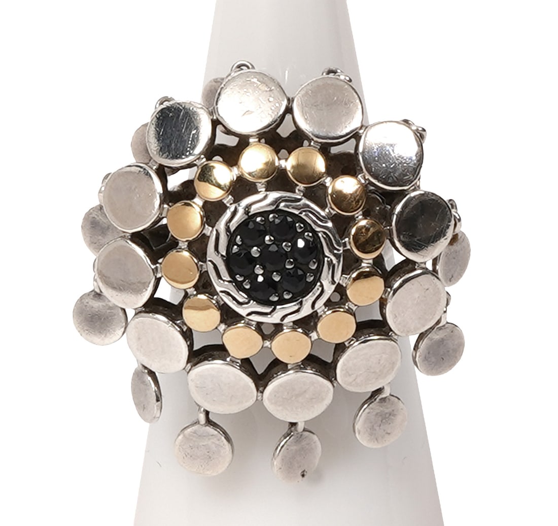 John Hardy Sterling Silver 18K YG Dangle Ring: John Hardy sterling silver 18K YG dangle ring with small black diamonds in center. Size 5 and hallmarked on inside. Diameter - 1.25"W; Weight - 14.8g. Condition report: Good condition, please examine 