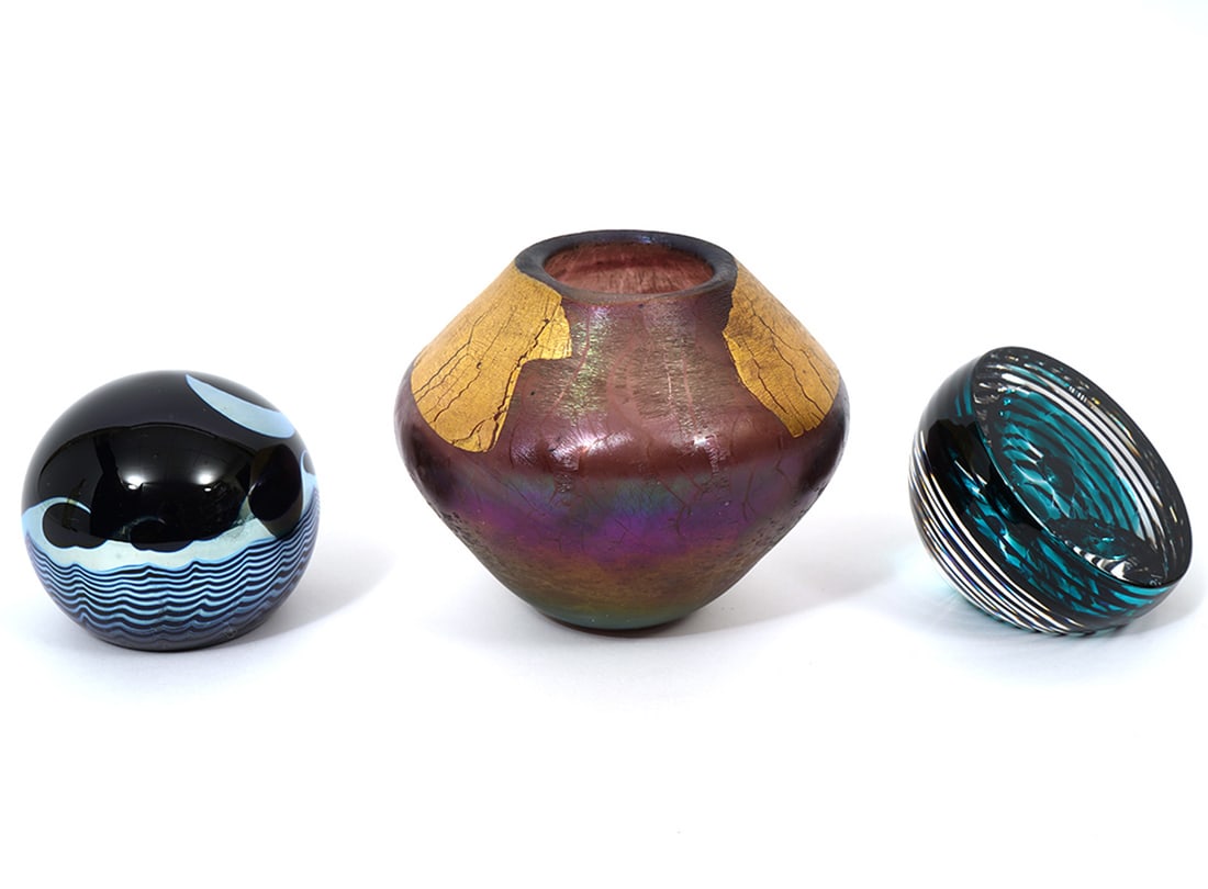 Signed Art Glass Group of Three: Signed art glass group of three pieces includes Steve Correia moon paperweight, signed underside (2.5"H x 3"W); Fire Island Studio art glass signed M. "LaBarbera", paperweight (2.5"H x 3"W). Robert Ei