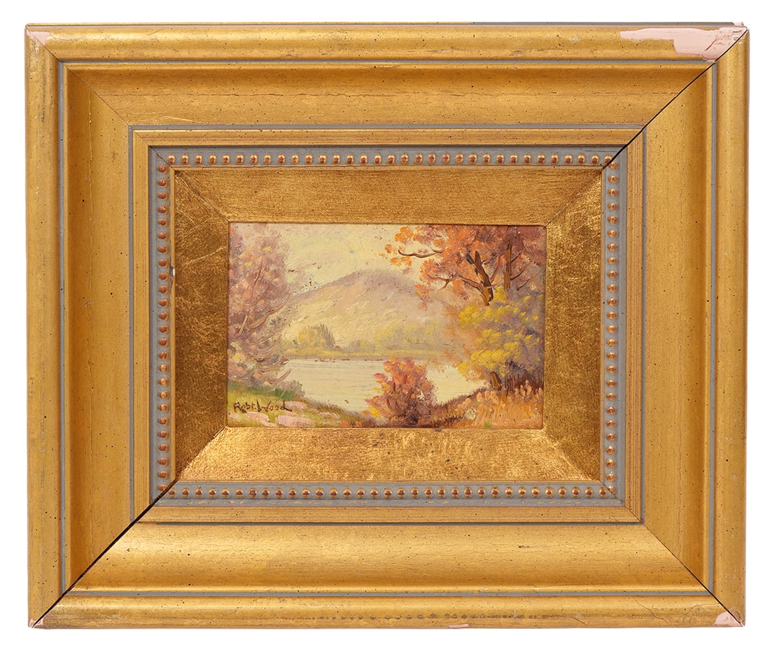 Robert Wood American Landscape O/B Painting: Robert William Wood (American, 1889-1979) oil on board landscape, signed lower left. Measures: Board - 4"H x 6"W; Frame - 10.5"H x 12.5"W. Condition report: Good condition, please examine all photos c