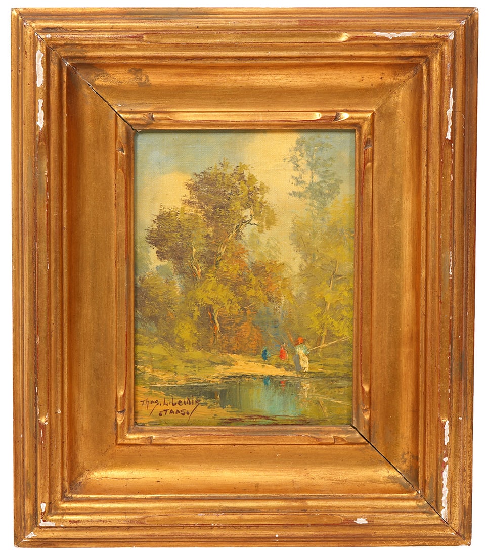 Thomas L. Lewis "Been Fishing" O/C Painting: Thomas L. Lewis (American, 1907-1978) "Been Fishing" oil on canvas painting, signed lower right. Measurements: Canvas - 8"H x 6"W; Frame - 13.5"H x 11.5"W. Condition report: Good condition, please exa
