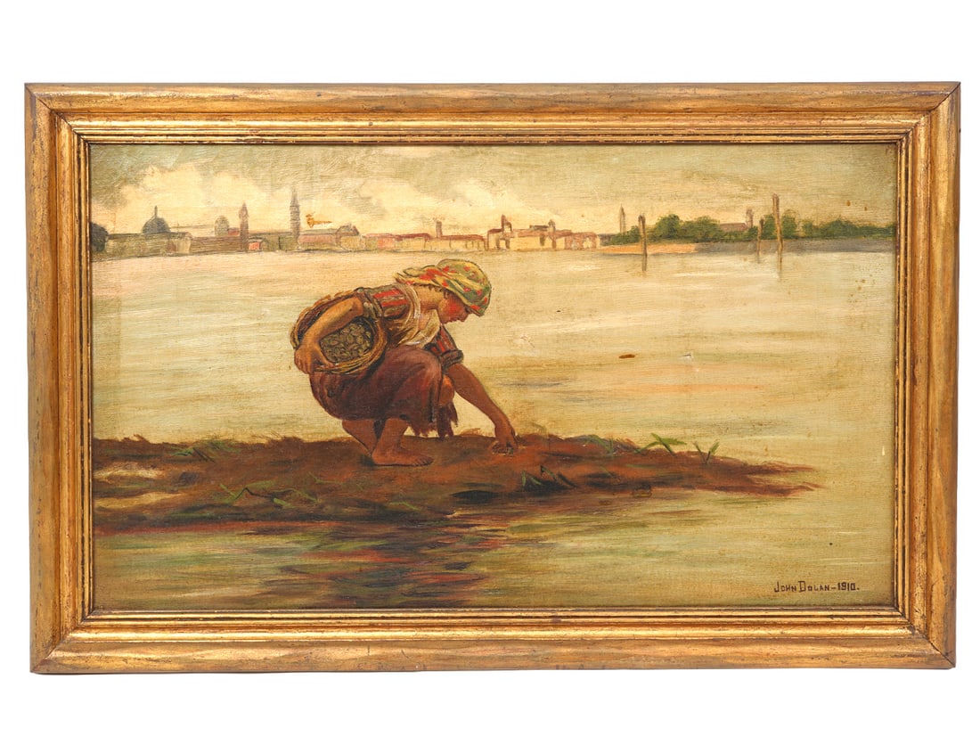 After Paoletti "At the Ebb of the Tide" Painting: After Antonio Ermolao Paoletti "At the Ebb of the Tide (The Cockle Picker, Venice)", oil on canvas, signed "John Dolan 1910". Measures 12"H x 20"W visual, Frame - 14.5"H x 22.5"W. Condition report: Mu