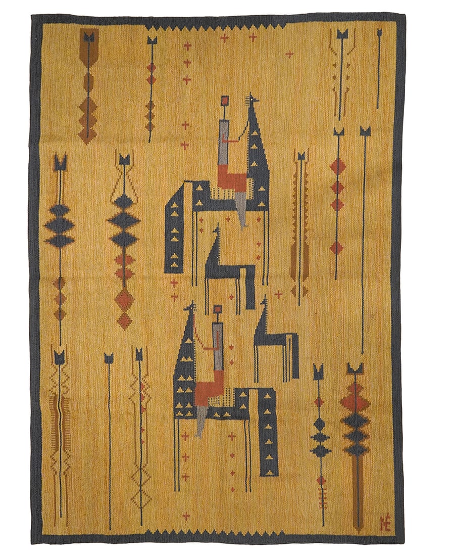 Eva Nemeth Hand-Woven Wool Tapestry: Eva Nemeth (Hungarian, 1930-2019 ) hand-woven wool tapestry features geometric shapes and abstract animal motifs. Measures approx 79"L x 54"W. Condition report: Good condition, please examine all