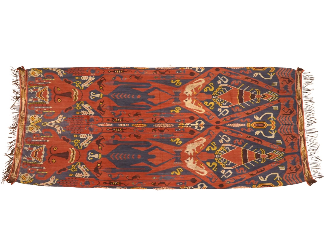 Indonesian Sumba Ikat Hinggi Textile: Indonesian Sumba Ikat Hinggi textile composed of geometric form figures and animals. Measures approximately 105"H x 42"W. Condition report: Good condition, please examine all photos closely. Contact