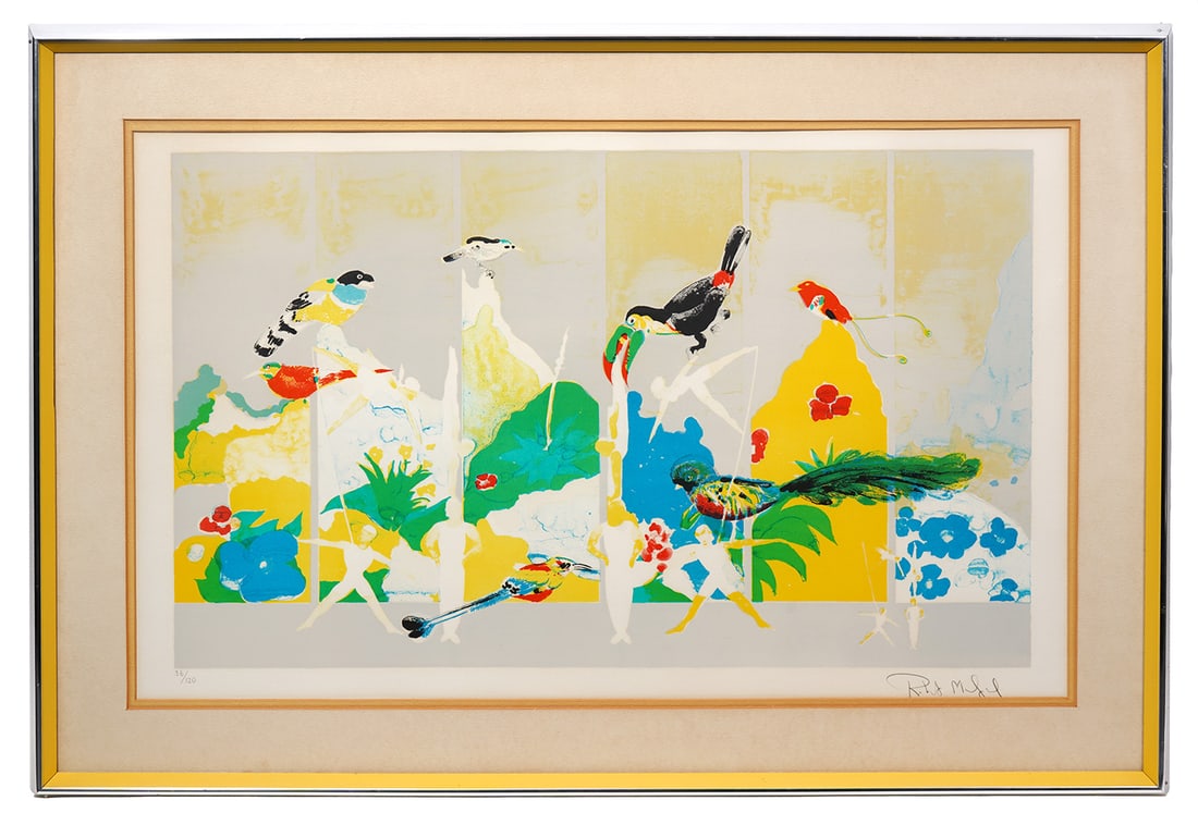 Robert Mumford Signed & Numbered Serigraph: Robert Watson Munford (American, 1925-1991). Untitled serigraph features tropical birds and acrobats. It is signed in pencil lower right, numbered "36/120" in pencil lower left. Mounted in a 1.5"