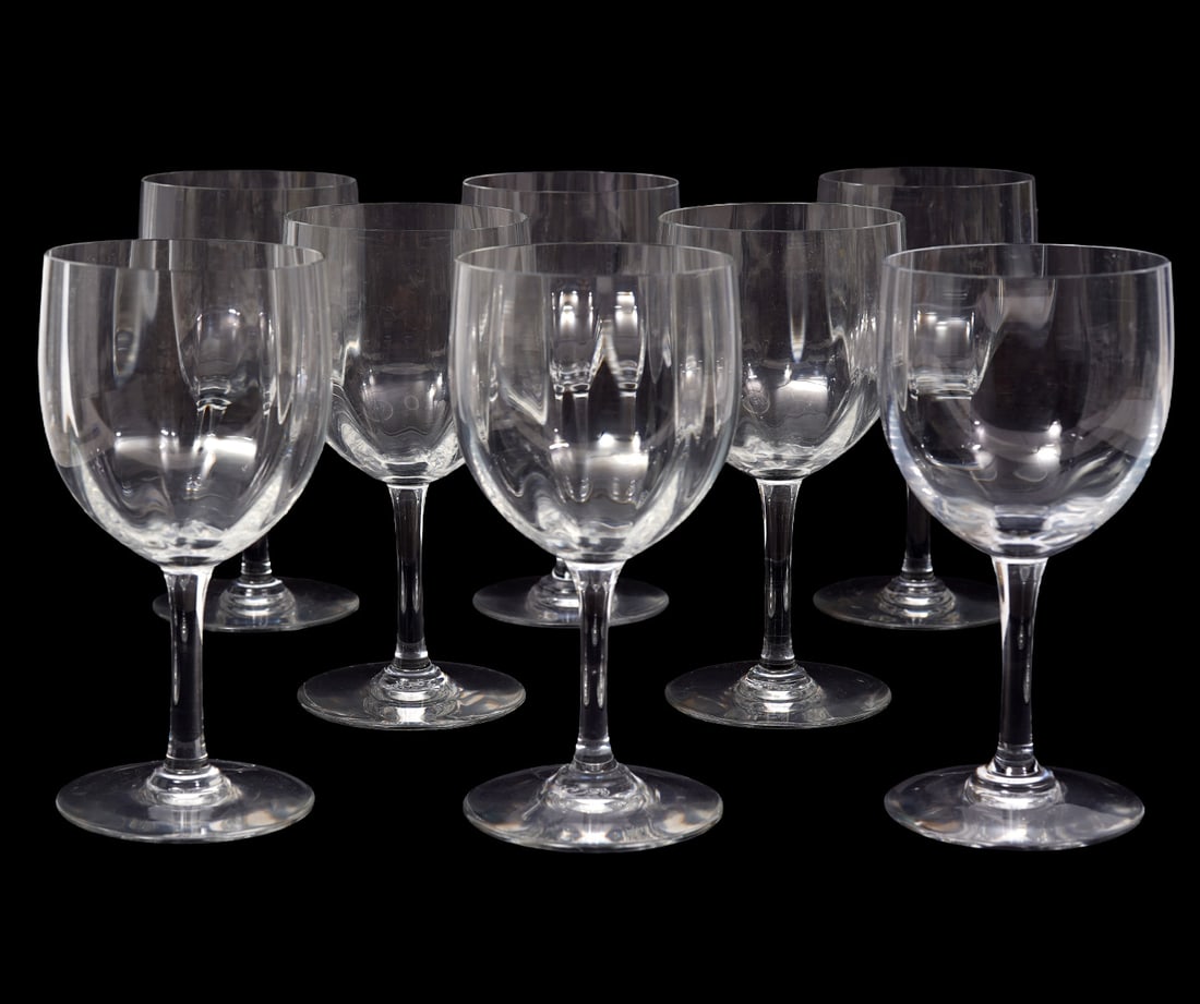 8 Baccarat "Montaigne" Crystal Claret Wine: 8 Baccarat "Montaigne" Crystal claret wine goblets, each measures approx. 5.75"H x 2.75"W. Acid-etched mark underside. Condition report: Good condition, please examine all photos closely. Contact C. B