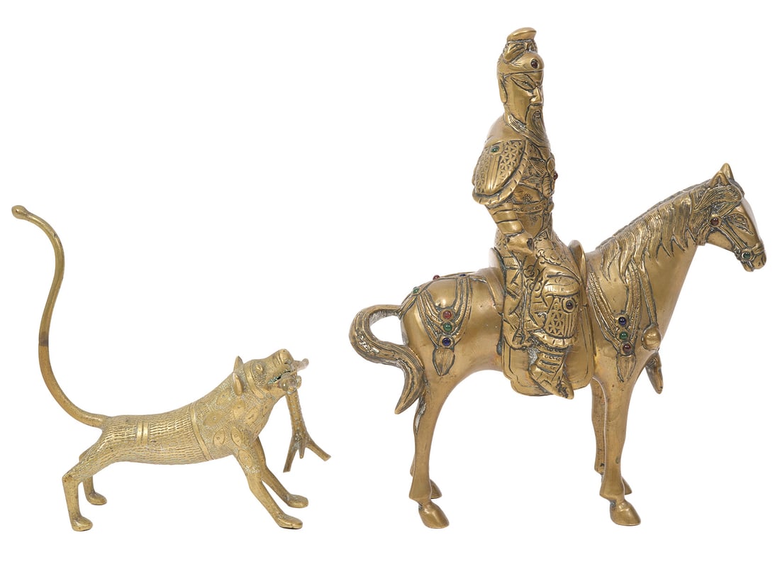Bronze Chinese Warrior & African Benin Cat: Chinese bronze warrior on horseback (missing sword) with glass cabochons (9.75"H x 8"W). African Benin bronze cat with prey in mouth (6.5"H x 6"W). Condition report: Good condition, please examine