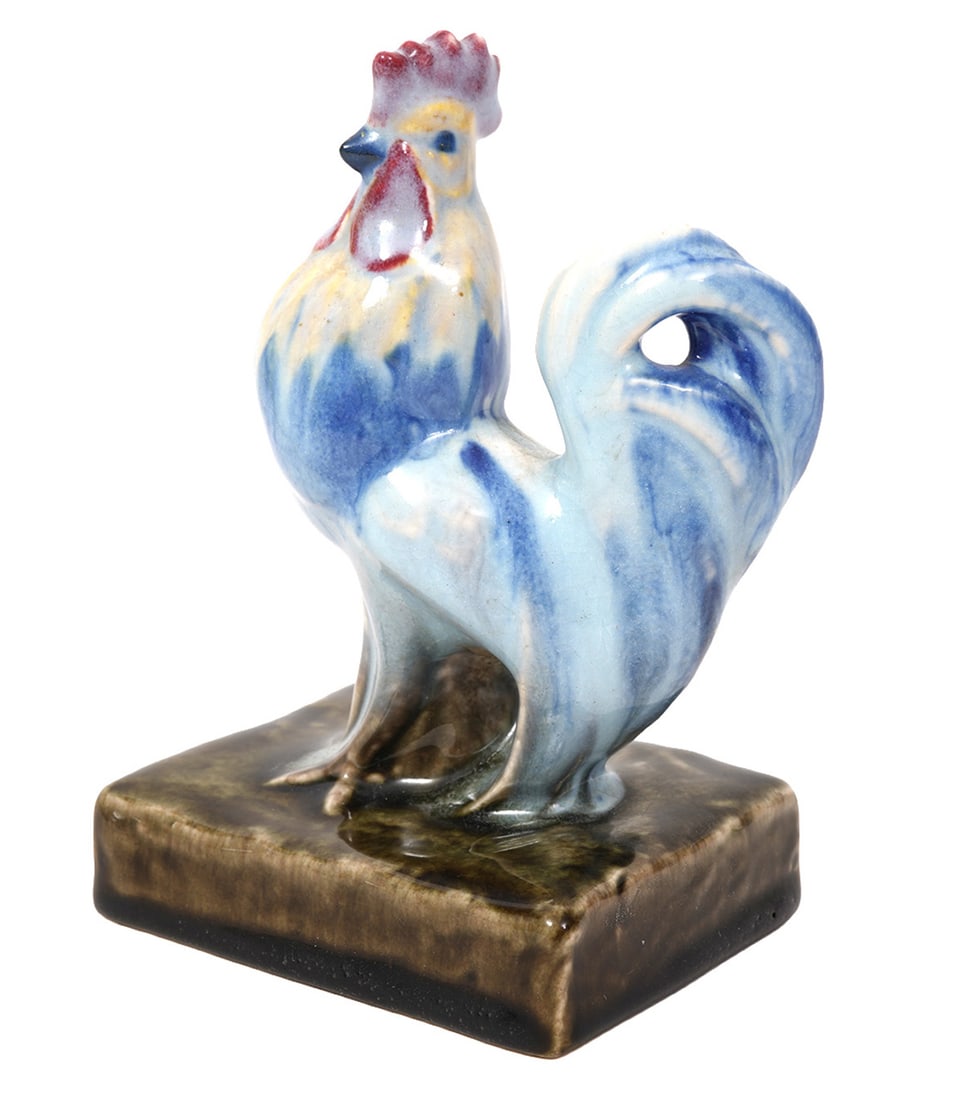 Rookwood Polychrome Glazed Pottery Figure: Rookwood polychrome glazed pottery figure or paperweight, impressed stamp mark underside. Measures 3.75"H x 2.5"W x 5"H. Condition report: Good condition, please examine all photos closely. Contact