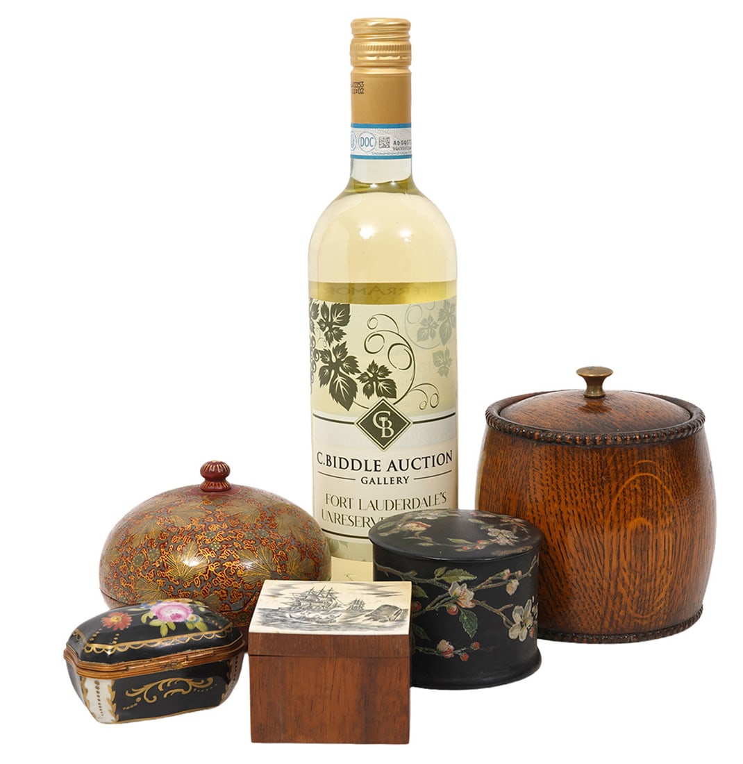 Mixed Group of Five Boxes: French Limoges porcelain trinket box (1.75"H x 2.75"W); Scrimshaw-style wood box (2.5"L x 2.5"W x 2"H); Paper-mache floral pattern black box (3.25"W x 2.75"H); Red and gold paper-mache round box