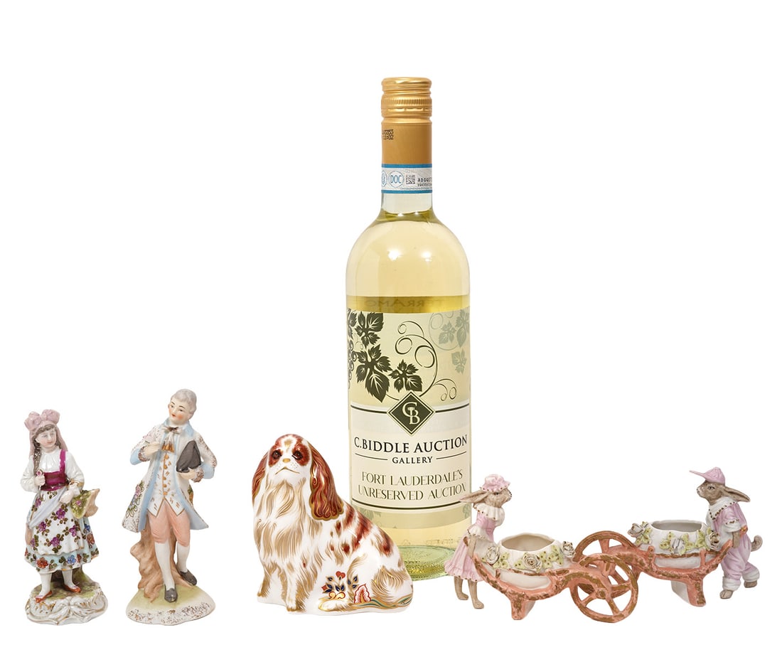 Whimsical Group of Porcelain Figures: Pair of rabbit figures with wheelbarrows (3"H x 4.5"W); Royal Crown Derby King Charles Spaniel (4"H x 3.5"W); Two Continental European 18th C. style male and female figures (4.75"H x1.75"W). Condition
