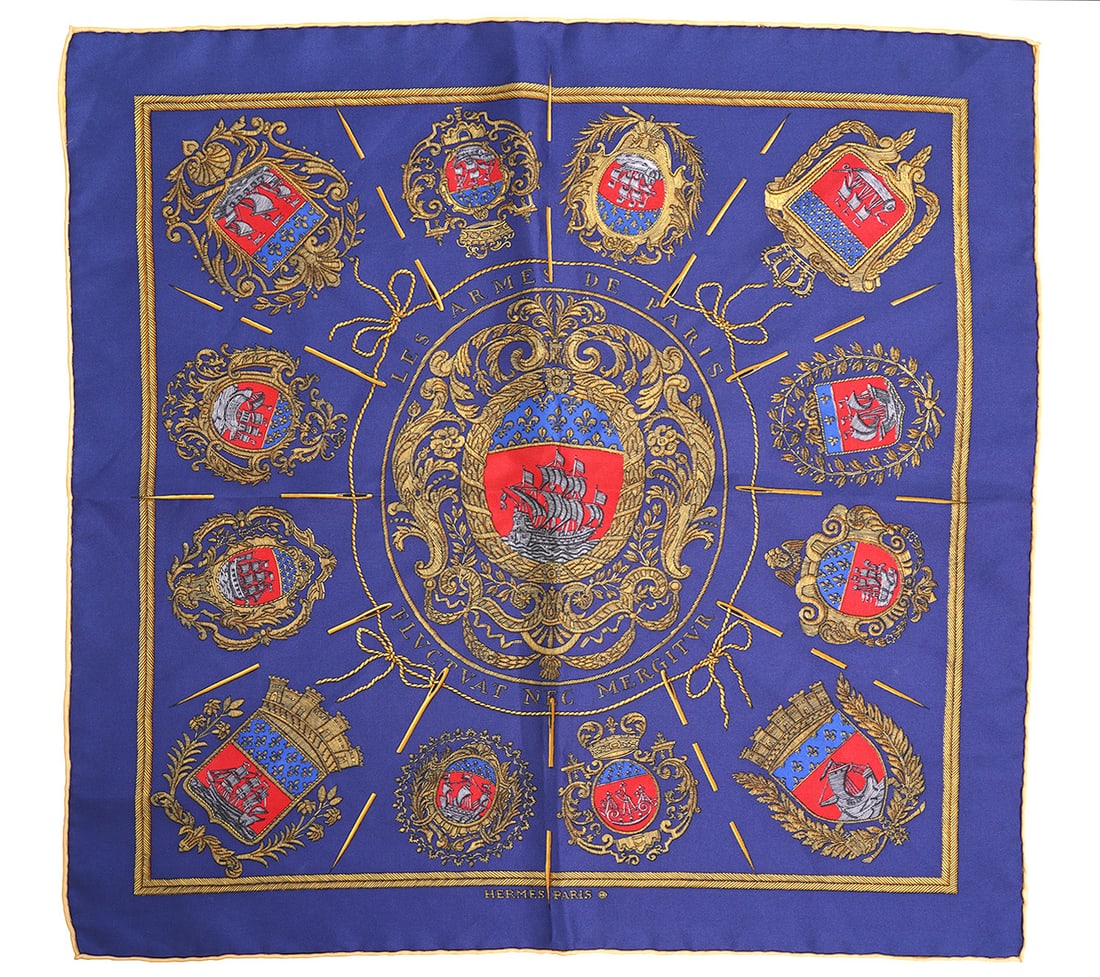 Hermes 'Les Armes de Paris' Silk Gavroche Scarf: Hermes 'Les Armes de Paris' silk gavroche scarf in navy blue, gold and red. Measures approximately 16.5" x 16.5". Condition report: Good condition, please examine all photos closely. Contact C. Biddle