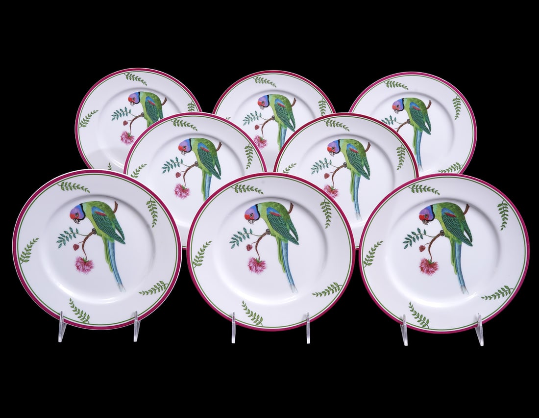8 Lynn Chase "Parrots of Paradise" Salad/Dessert: Eight Lynn Chase "Parrots of Paradise" porcelain salad/dessert plates featuring Australian parrots among foliage and berries. Each measures 8.25" in diameter. Condition report: Good condition, please 