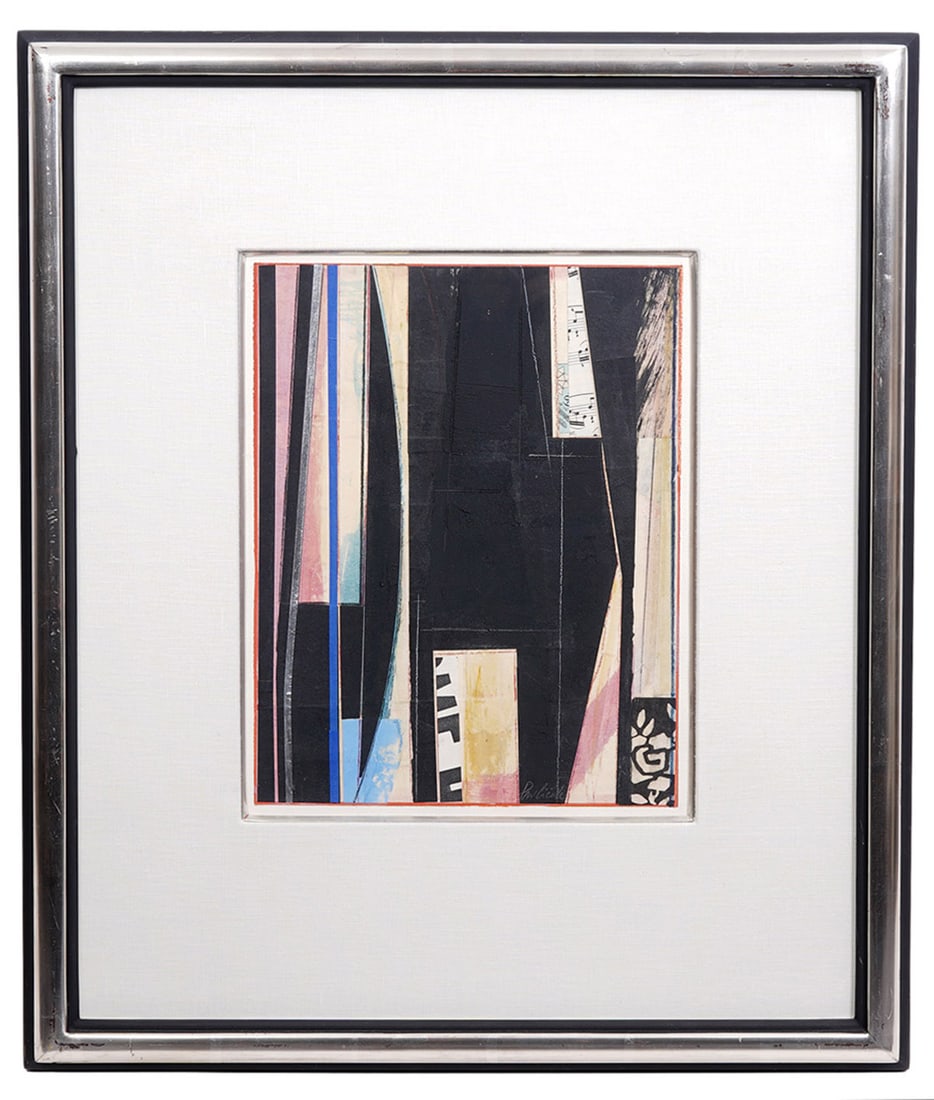 John Pavlicek Abstract Mixed Media Collage: John Pavlicek (Texas, b. 1946). Abstract mixed media framed collage signed lower right in pencil. Measurements: Visual Image -13"H x 10"W. Frame - 24"H x 20"W. Condition report: Good condition, please