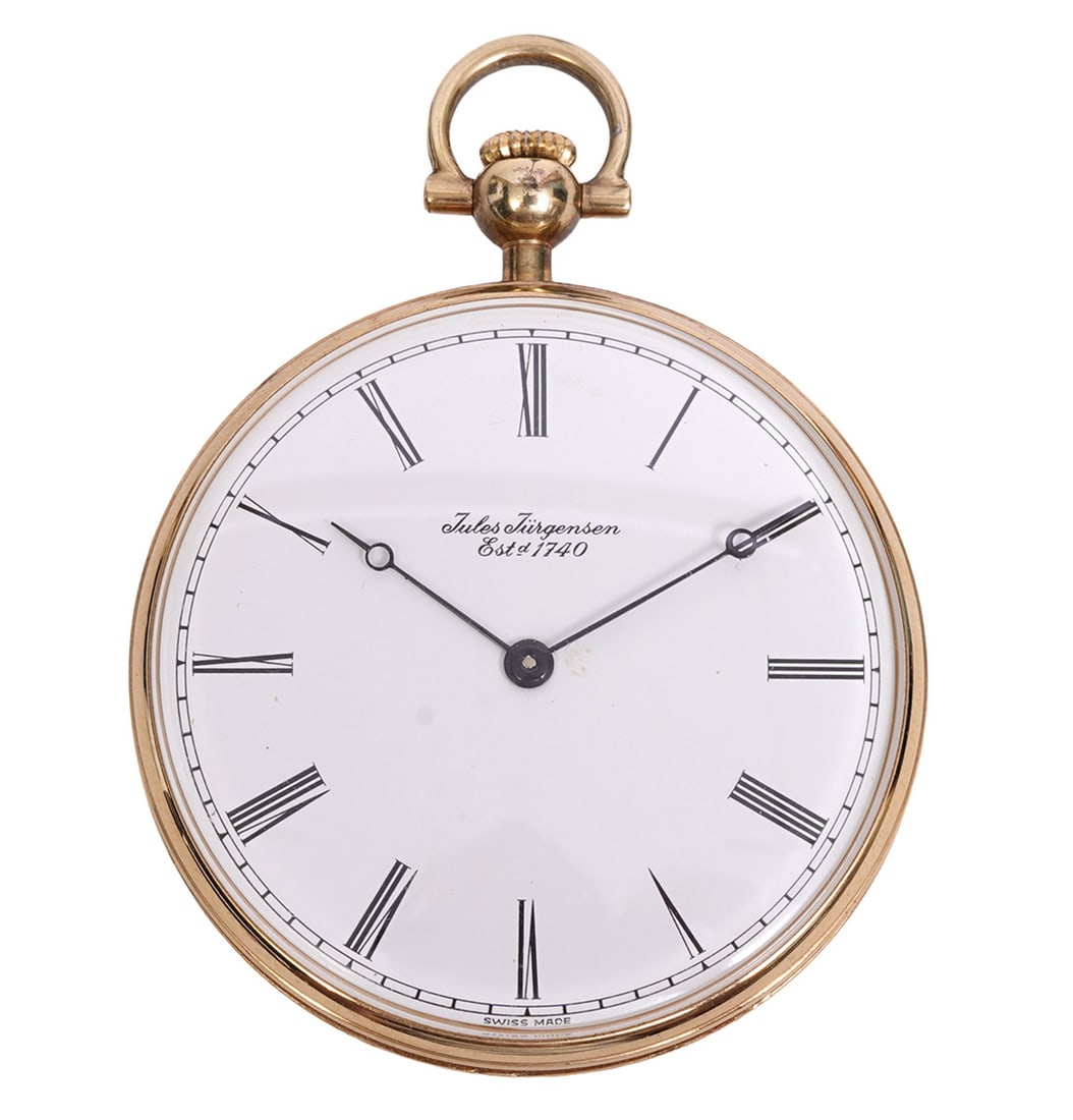 Jules Jurgensen Gilt Metal Pocket Watch: Jules Jurgensen gilt metal pocket watch, black Roman numerals on white dial, scrolling foliage in low relief on back. Measures 40mm wide. Condition report: Good condition, in working order but has not