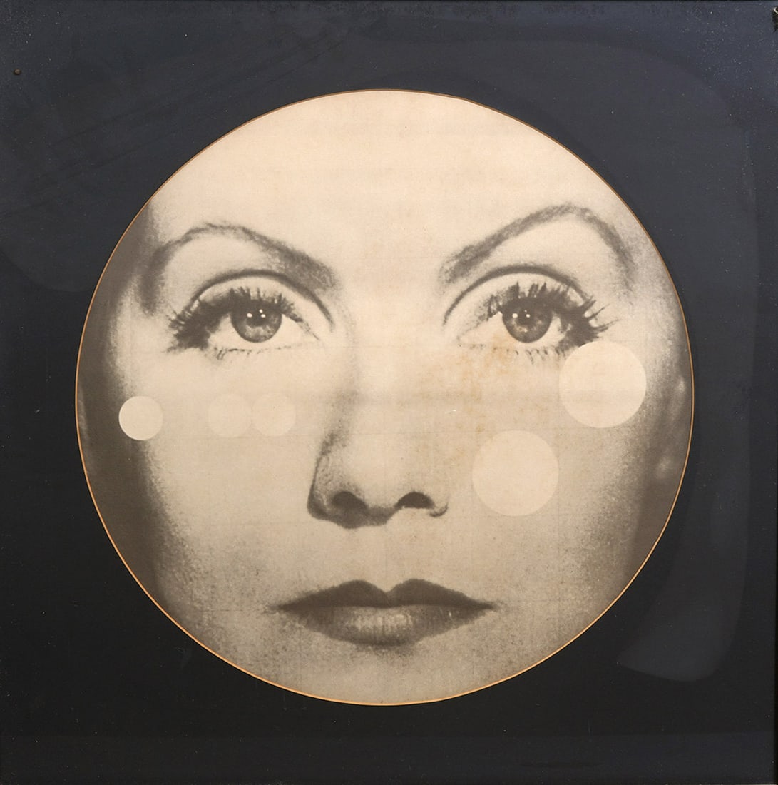 After Richard Bernstein "Garbo" Print: After Richard Bernstein "Garbo" print, circular portrait of the famous Hollywood actress Greta Garbo. Framed with distressed canvas border. Measurements: Visual image diameter 16.75"; Frame 24"H x 24"