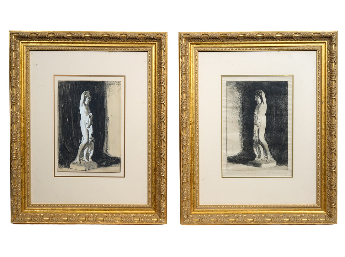 Saloman Van Abbe Two Nude Etchings: Saloman Van Abbe, British (1883 - 1955). Two etchings of nudes in gilt wood frames have labels with details on verso. Measurements: Etching 10"H x 8"W; Frame - 23"H x 18.5"W. Condition report: Good co