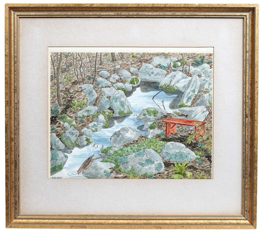 Anne Marie Jauss "The Spring" Watercolor: Anne Marie Jauss, German/American (1907-1991). "The Spring" watercolor on paper is signed lower left, title maybe hidden behind frame, label on verso. Measurements: Visual Image - 9.75"H x 12"W; Frame