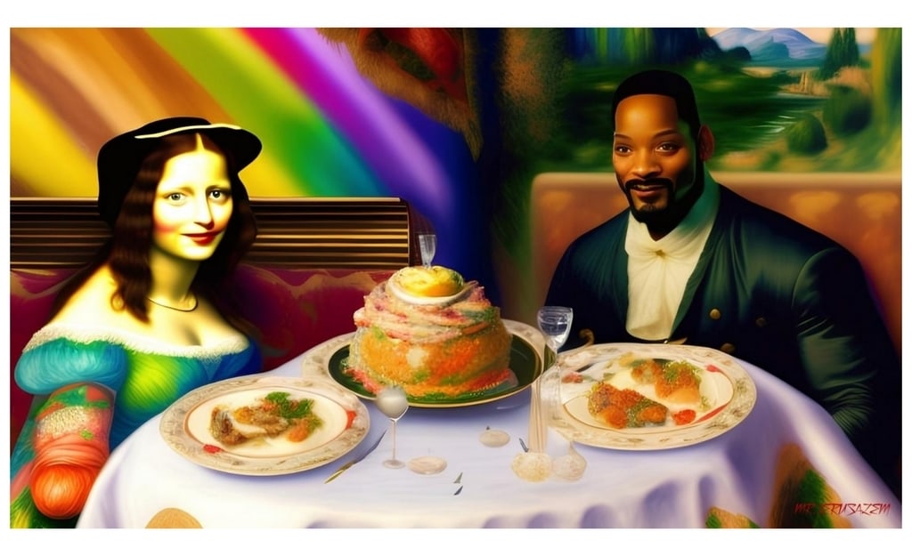 MR.JERUSALEM- Will Smith Having Dinner With Mona Lisa- Limited Edition Signed And Numbered: MR.JERUSALEM- Original Print, Limited Edition Signed And Numbered by the artist- 2023- print on inkjet Canvas will ensure a print life of more than 55 years.Solid Finishing: Classic (350gsm)Limited Ed