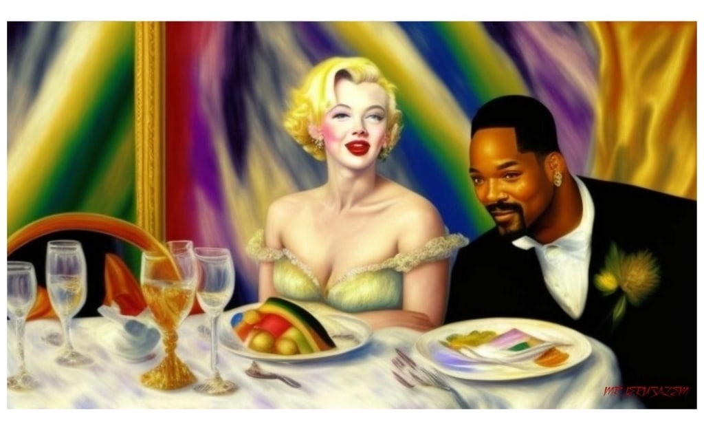 MR.JERUSALEM- Will Smith Having Dinner With Marilyn Monroe- Limited Edition Signed And Numbered: MR.JERUSALEM- Original Print, Limited Edition Signed And Numbered by the artist- 2023- print on inkjet Canvas will ensure a print life of more than 55 years.Solid Finishing: Classic (350gsm)Limited Ed