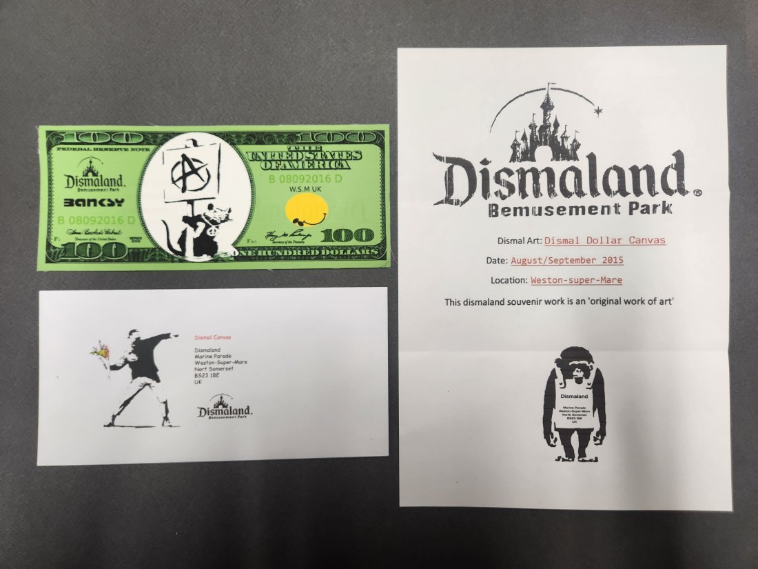 Banksy (born: Bristol, UK 1974), (after),100 Dollars Note Canvas + Ticket Dismaland (1 of 2)
