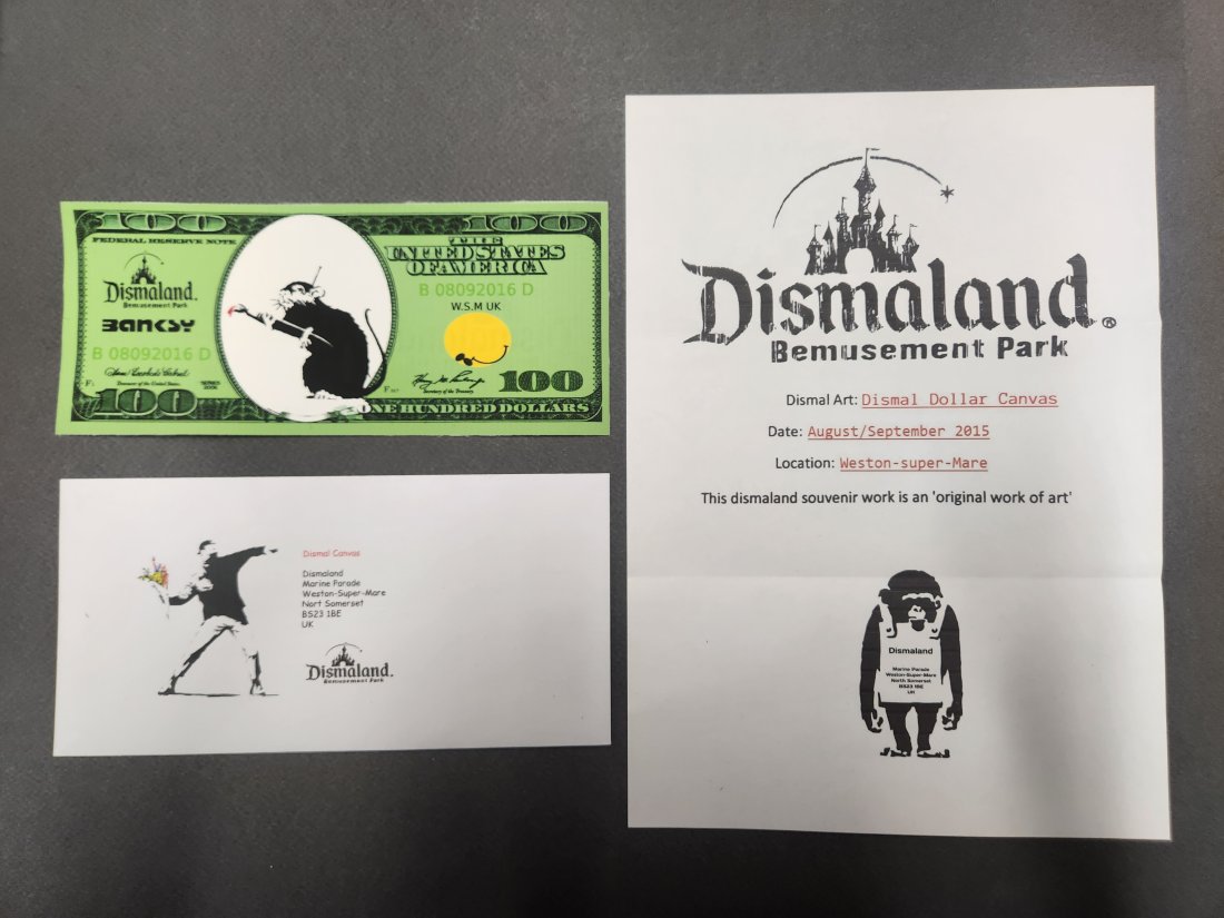 Banksy (born: Bristol, UK 1974), (after),100 Dollars Note Canvas + Ticket Dismaland (1 of 2)