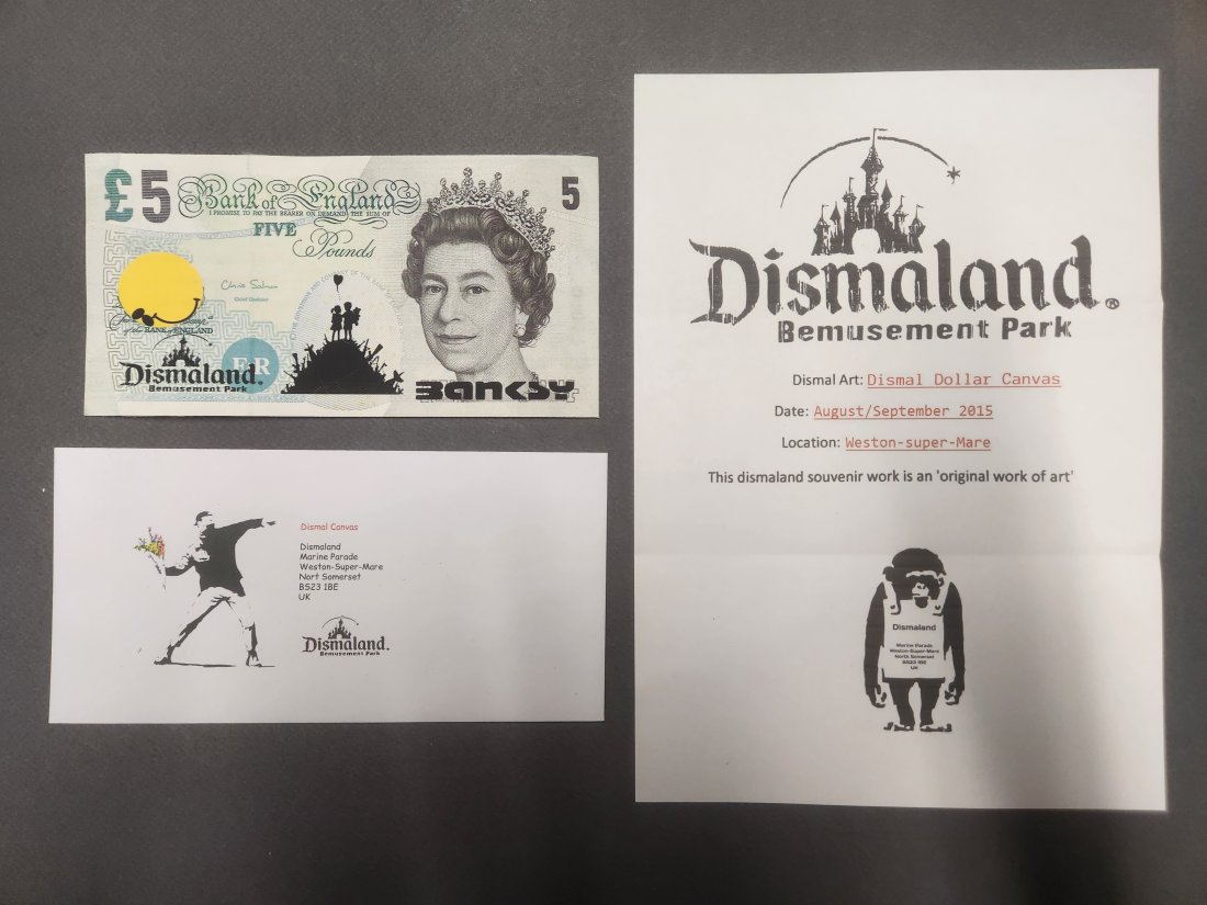 Banksy (born: Bristol, UK 1974), (after), 10 Pound Note Canvas + Ticket Dismaland (1 of 2)