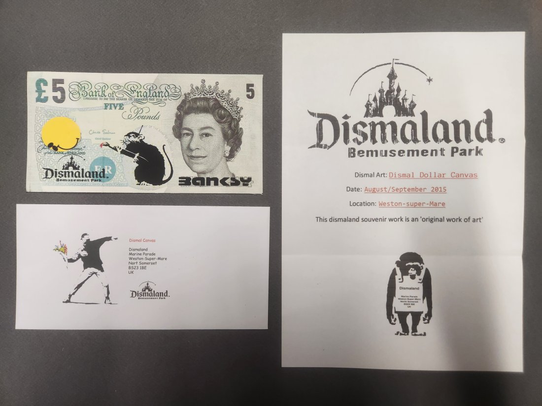 Banksy (born: Bristol, UK 1974), (after), 10 Pound Note Canvas + Ticket Dismaland (1 of 2)