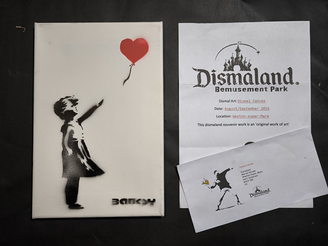 Banksy (born: Bristol, UK 1974), (atrib),Canvas Spray Paint Signed Ticket Dismaland: Banksy (born: Bristol, UK 1974), (atrib),Canvas Spray Signed Ticket DismalandSize:20 cm x 30 cm . We ship with a tracking number, we offer combined shipping. For any questions, please contact us. See 